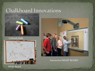 Colored chalk
Interactive SMART BOARD
White Board
 