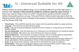   U - Universal Suitable for All Different children are upset by different things, so it is sometimes difficult to say what might upset a particular child.  However, U films should be suitable for audiences aged four years and over.  If there is any violence, threat or horror in a U film, it should be over quickly and the film should tell children that everything will turn out okay. Films and DVDs for children should make clear to them the difference between right and wrong. Examples of films passed U include  Nanny McPhee & the Big Bang and  The Princess & the Frog. Theme/Topics -  Films and DVDs should be about subjects which are generally suitable for younger audiences.  Language -  There should be very little mild bad language.  Nudity -  There can be occasional glimpses of people who have no clothes on, as long as they are not linked to romantic activities.  Sex and relationships -  Only mild references (e.g. to 'making love') and mild behaviour (e.g. kissing) are allowed.  Violence and Threat -  Mild violence only. Some mild threat and menace are allowed.  Dangerous Behaviour -  There should be no dangerous behaviour that can be easily copied by young children.  Weapons -  There should be no focus on weapons that are realistic or easy to get hold of.  Horror -  Moments with ghosts, witches and monsters should be over quickly and not be too scary. Nothing at U should really frighten or disturb young viewers. The film or DVD should tell children that everything is okay.  Drugs -  Drugs should not be mentioned, unless the film or DVD teaches that drugs are dangerous.  Discrimination  - There can be no language or behaviour shown that would offend a person’s religion, colour, gender, sexuality or disability, unless the film or DVD teaches it to be wrong.  