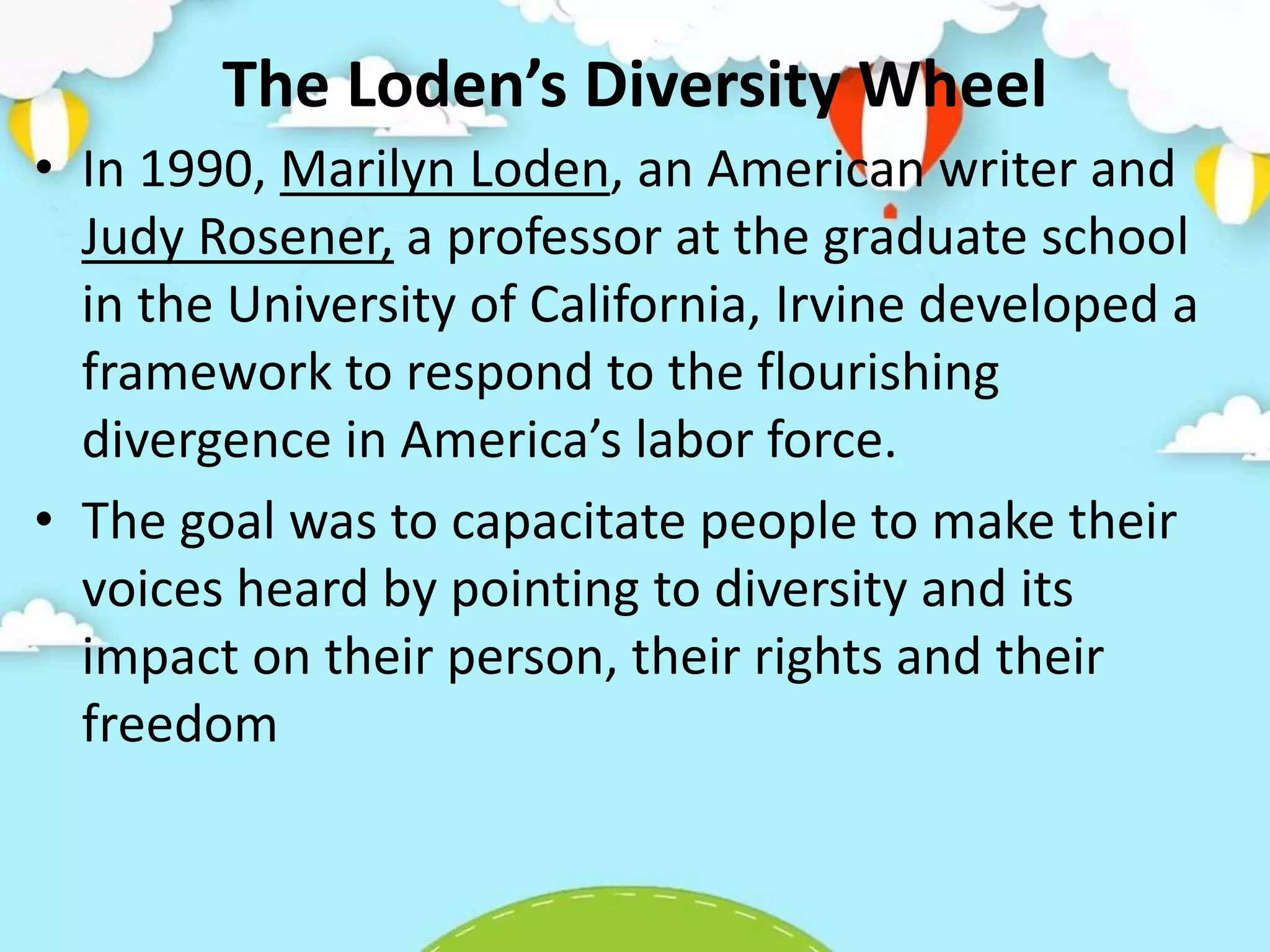 The Loden’s Diversity Wheel
• In 1990, Marilyn Loden, an American writer and
Judy Rosener, a professor at the graduate school
in the University of California, Irvine developed a
framework to respond to the flourishing
divergence in America’s labor force.
• The goal was to capacitate people to make their
voices heard by pointing to diversity and its
impact on their person, their rights and their
freedom
 