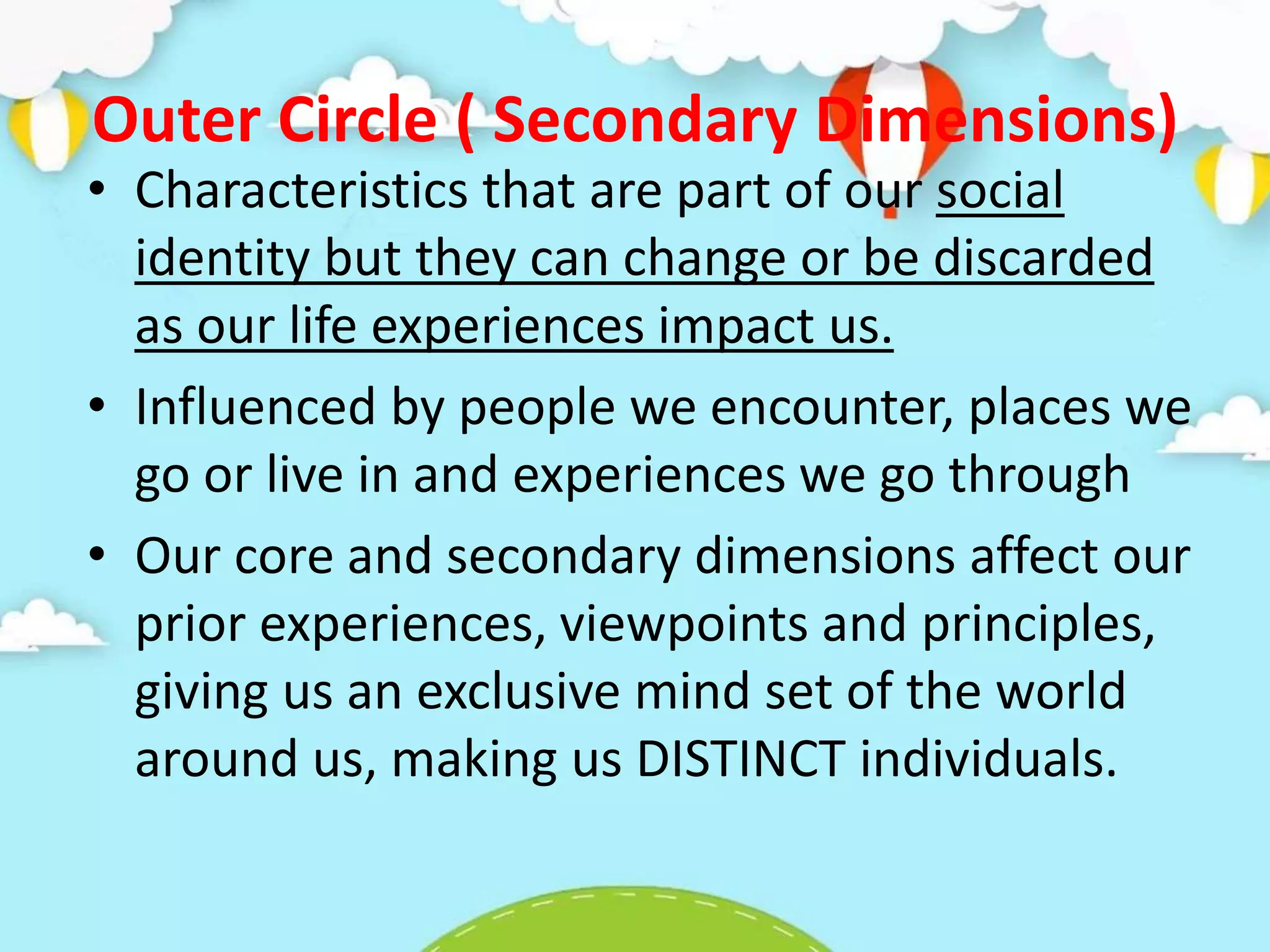 Outer Circle ( Secondary Dimensions)
• Characteristics that are part of our social
identity but they can change or be discarded
as our life experiences impact us.
• Influenced by people we encounter, places we
go or live in and experiences we go through
• Our core and secondary dimensions affect our
prior experiences, viewpoints and principles,
giving us an exclusive mind set of the world
around us, making us DISTINCT individuals.
 