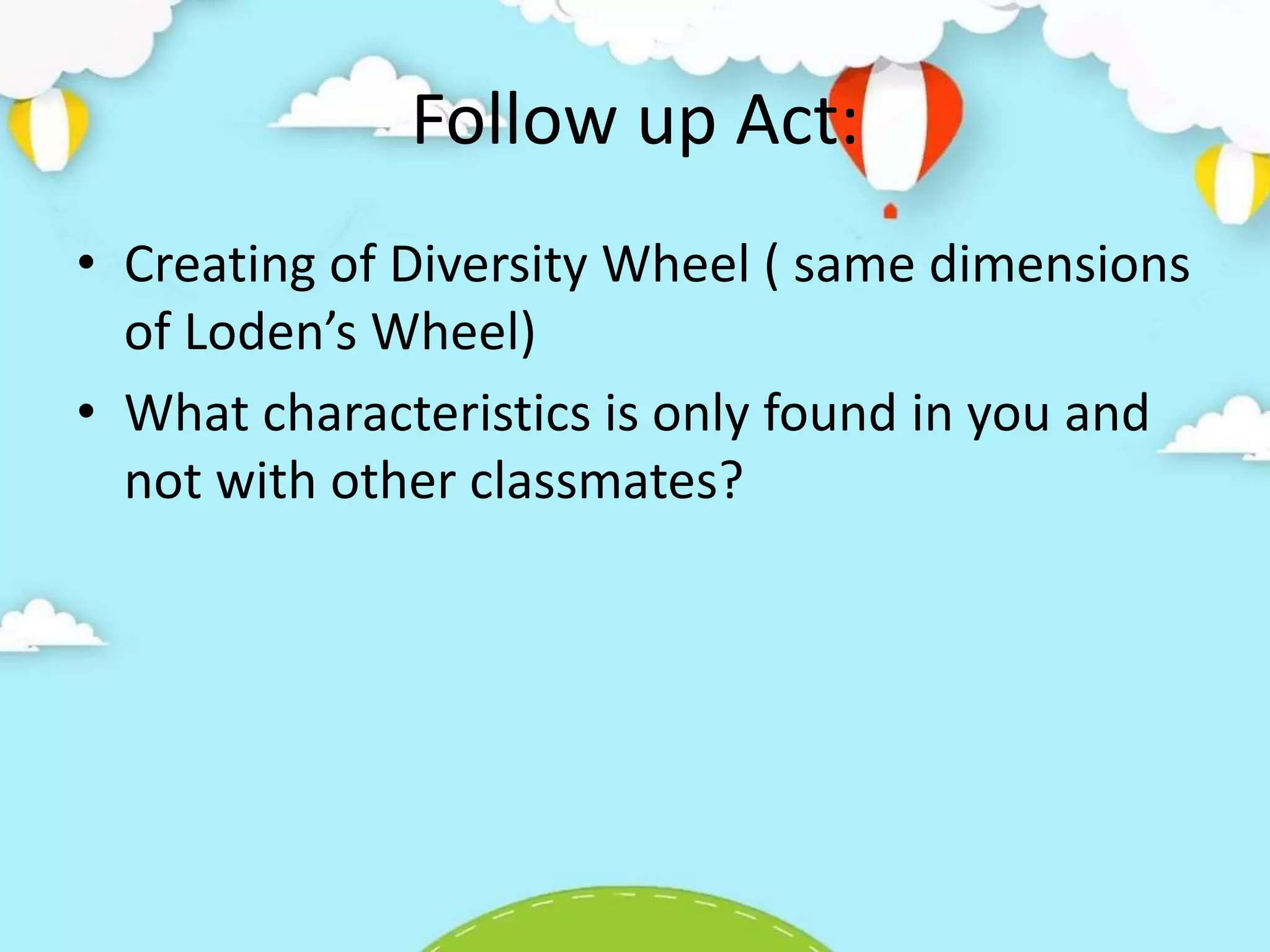 Follow up Act:
• Creating of Diversity Wheel ( same dimensions
of Loden’s Wheel)
• What characteristics is only found in you and
not with other classmates?
 