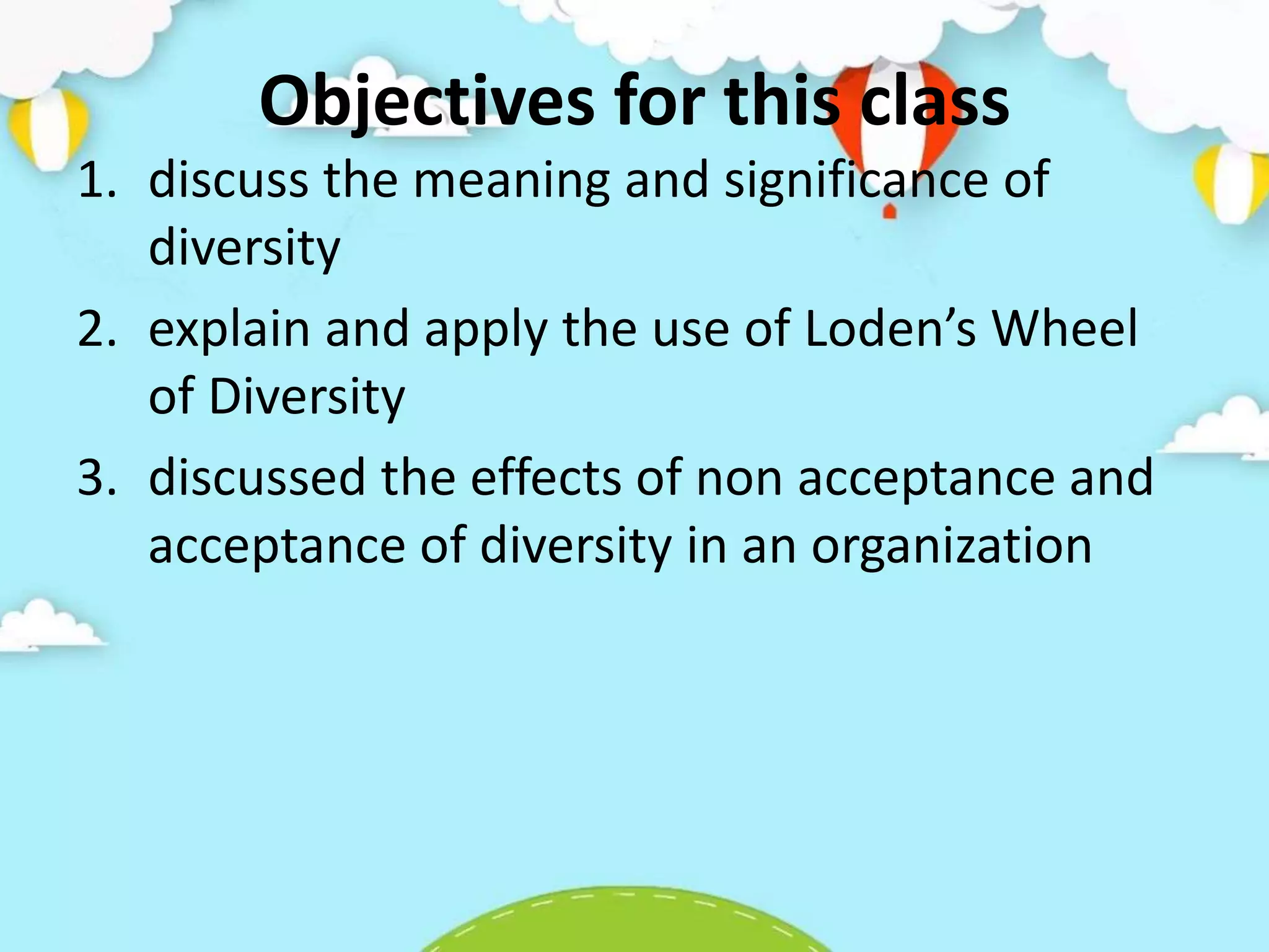 Objectives for this class
1. discuss the meaning and significance of
diversity
2. explain and apply the use of Loden’s Wheel
of Diversity
3. discussed the effects of non acceptance and
acceptance of diversity in an organization
 