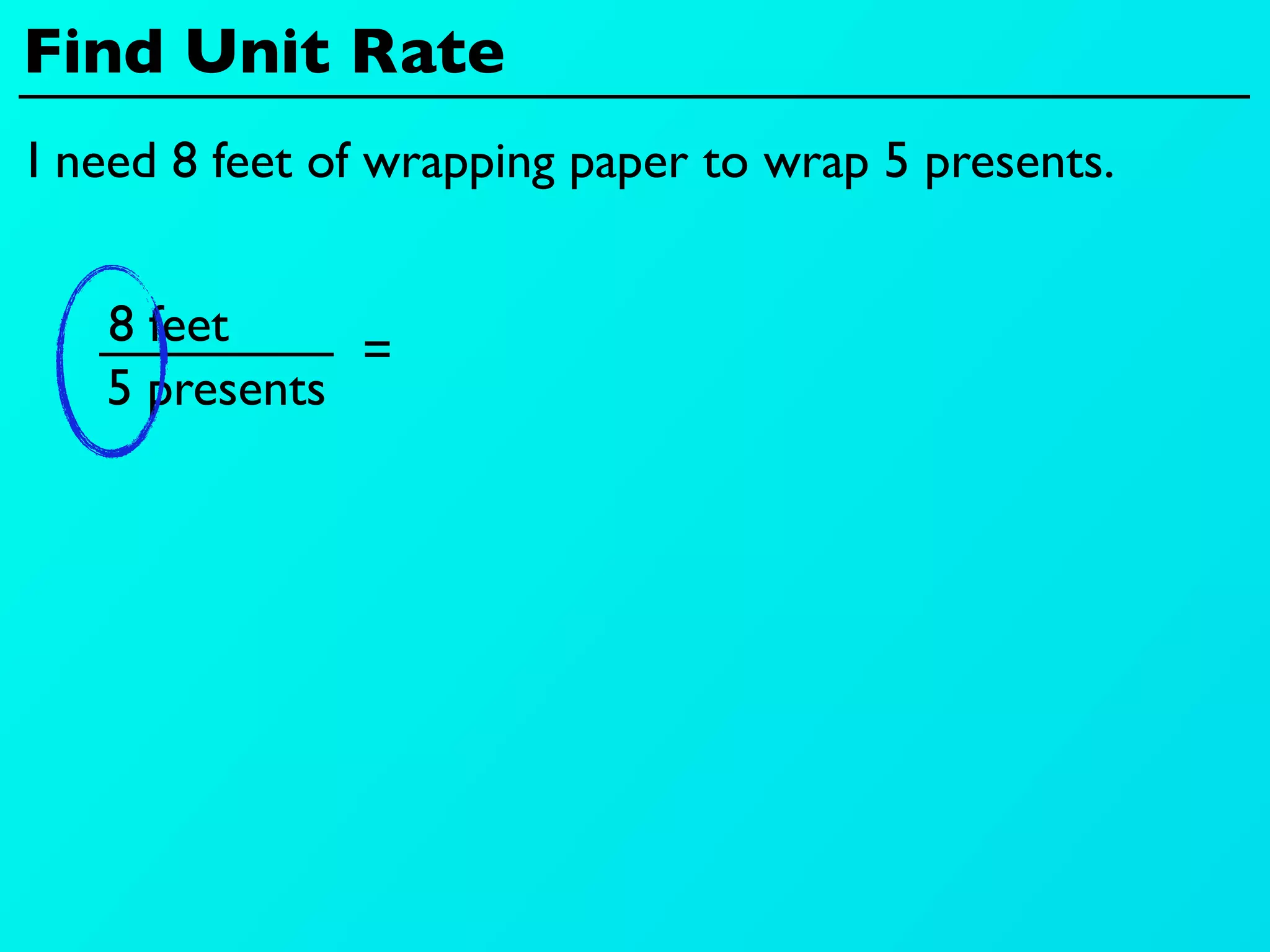 Find Unit Rate
I need 8 feet of wrapping paper to wrap 5 presents.


   8 feet
              =
   5 presents
 