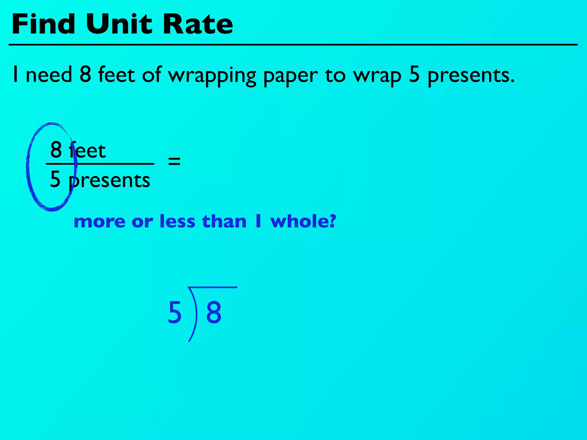 Find Unit Rate
I need 8 feet of wrapping paper to wrap 5 presents.


   8 feet
              =
   5 presents
      more or less than 1 whole?



               5 8
 