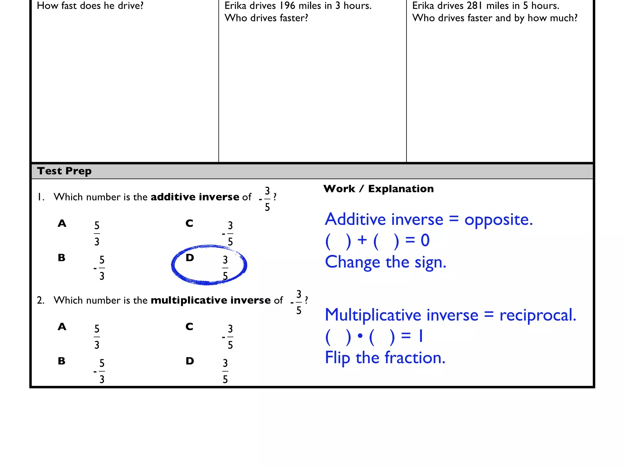 How fast does he drive?             Erika drives 196 miles in 3 hours.   Erika drives 281 miles in 5 hours.
                                    Who drives faster?                   Who drives faster and by how much?




Test Prep
                                            3              Work / Explanation
1. Which number is the additive inverse of - ?
                                            5
    A       5               C        3                     Additive inverse = opposite.
                                   -
            3                        5                     ( )+( )=0
    B
            -
              5             D       3                      Change the sign.
              3                     5
                                                     3
2. Which number is the multiplicative inverse of -     ?
                                                     5
                                                           Multiplicative inverse = reciprocal.
    A       5               C          3
            3
                                   -
                                       5
                                                           ( )•( )=1
    B         5             D       3                      Flip the fraction.
            -
              3                     5
 