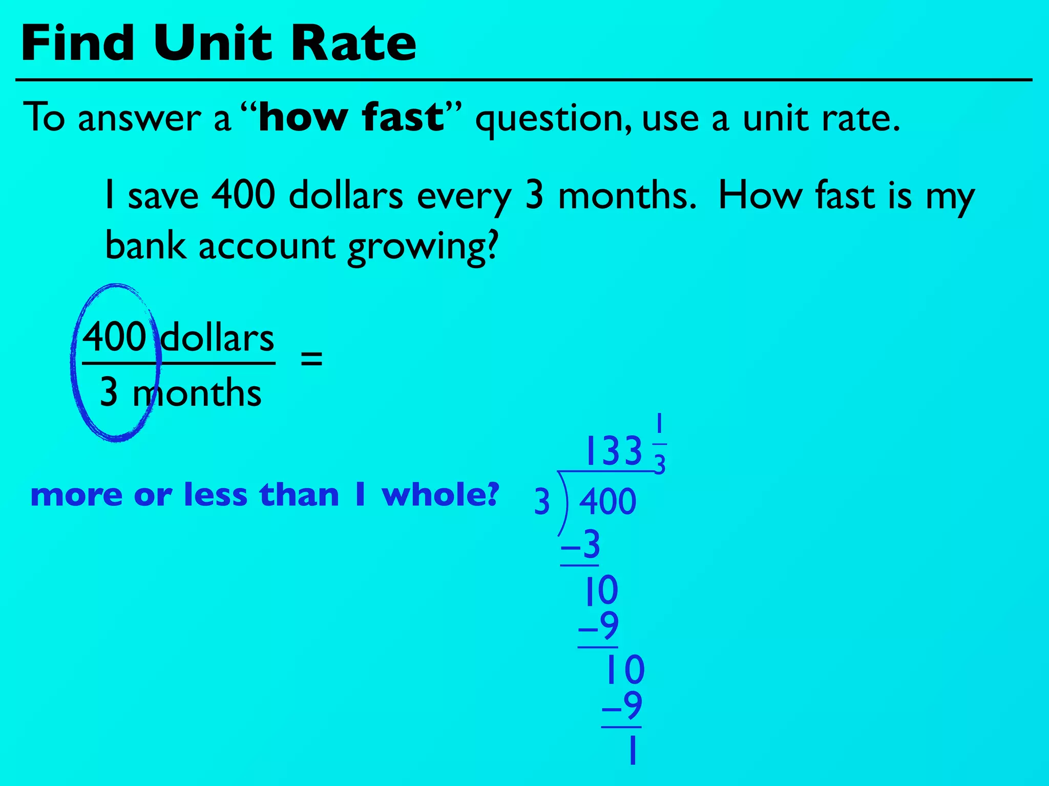 Find Unit Rate
To answer a “how fast” question, use a unit rate.
    I save 400 dollars every 3 months. How fast is my
    bank account growing?

   400 dollars
               =
    3 months
                                    1
                               13 3 3
more or less than 1 whole? 3 400
                             −3
                              10
                              −9
                               10
                               −9
                                 1
 