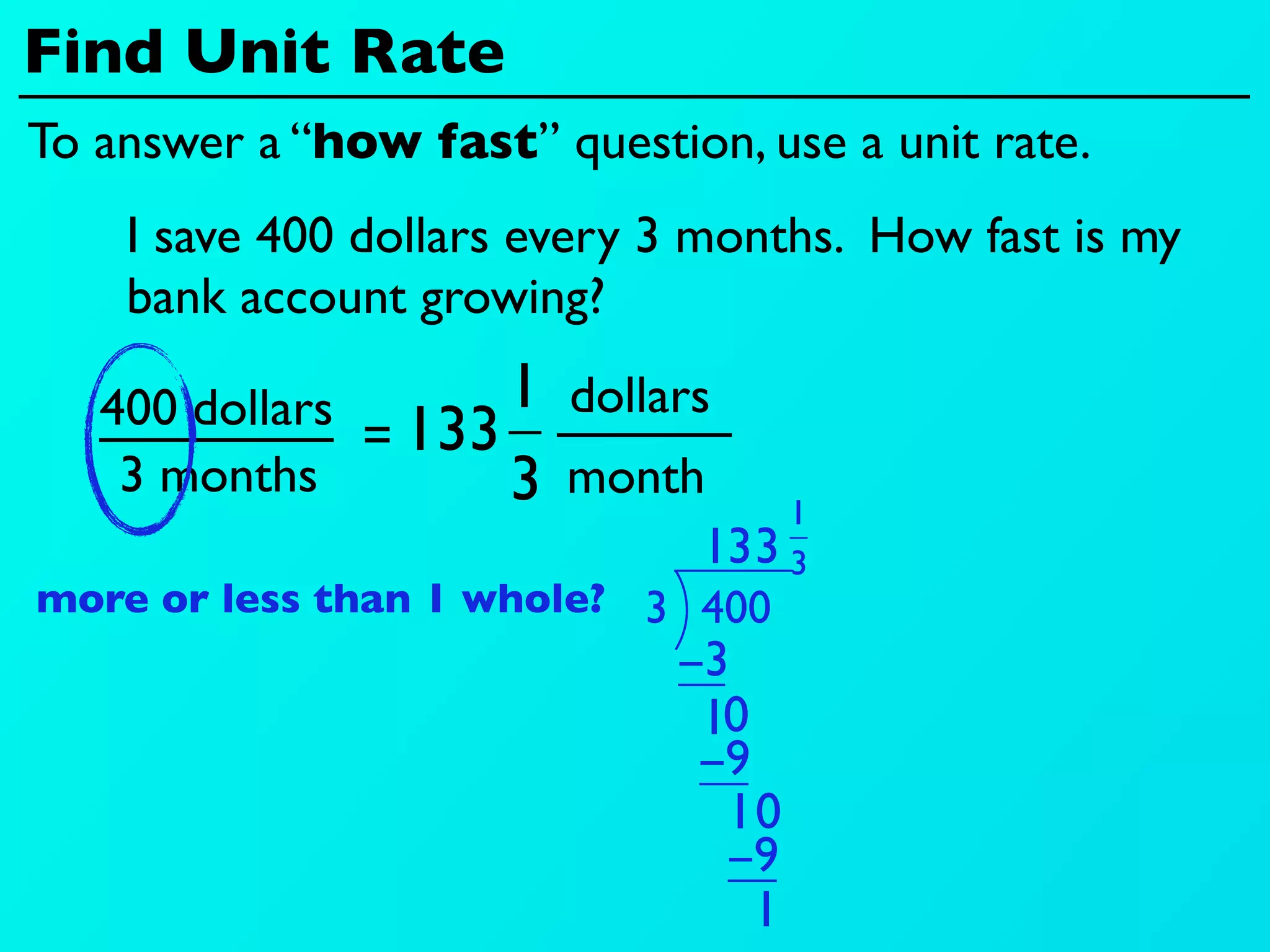 Find Unit Rate
To answer a “how fast” question, use a unit rate.
    I save 400 dollars every 3 months. How fast is my
    bank account growing?

   400 dollars 133 1 dollars
              =
    3 months       3 month 1
                            13 3 3
more or less than 1 whole? 3 400
                             −3
                              10
                              −9
                               10
                               −9
                                 1
 