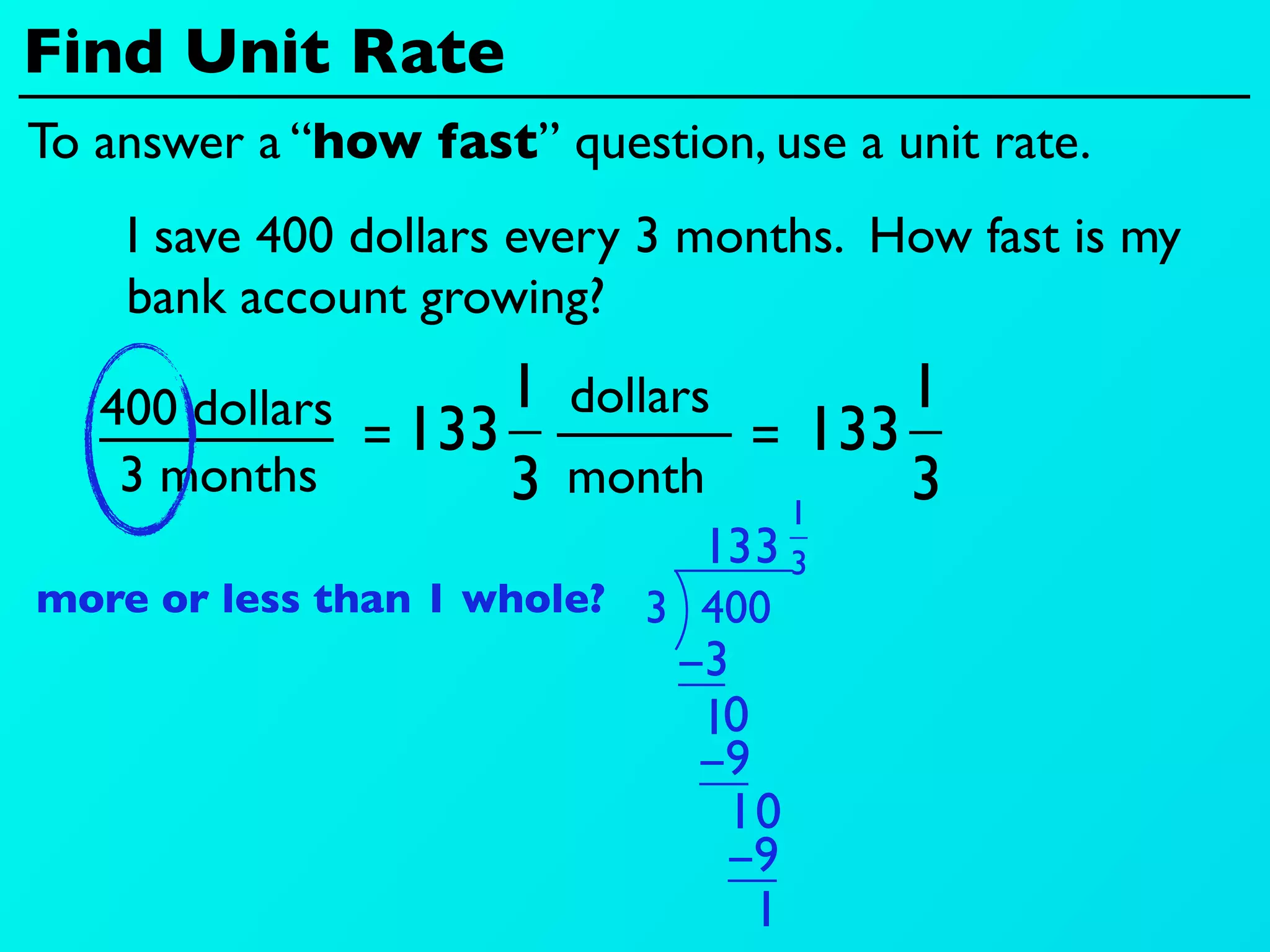 Find Unit Rate
To answer a “how fast” question, use a unit rate.
    I save 400 dollars every 3 months. How fast is my
    bank account growing?

   400 dollars 133 1 dollars        1
              =               = 133
    3 months       3 month 1        3
                            13 3 3
more or less than 1 whole? 3 400
                             −3
                              10
                              −9
                               10
                               −9
                                 1
 