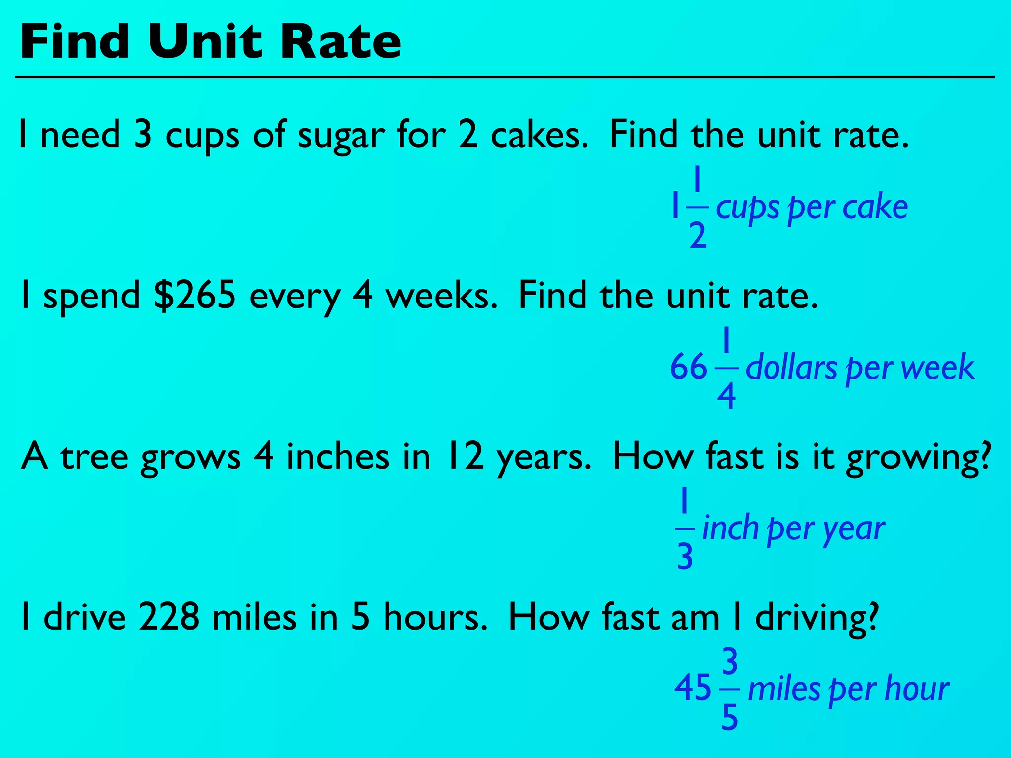 Find Unit Rate
I need 3 cups of sugar for 2 cakes. Find the unit rate.
                                        1
                                       1 cups per cake
                                        2
I spend $265 every 4 weeks. Find the unit rate.
                                          1
                                        66 dollars per week
                                          4
A tree grows 4 inches in 12 years. How fast is it growing?
                                        1
                                          inch per year
                                        3
I drive 228 miles in 5 hours. How fast am I driving?
                                          3
                                        45 miles per hour
                                          5
 