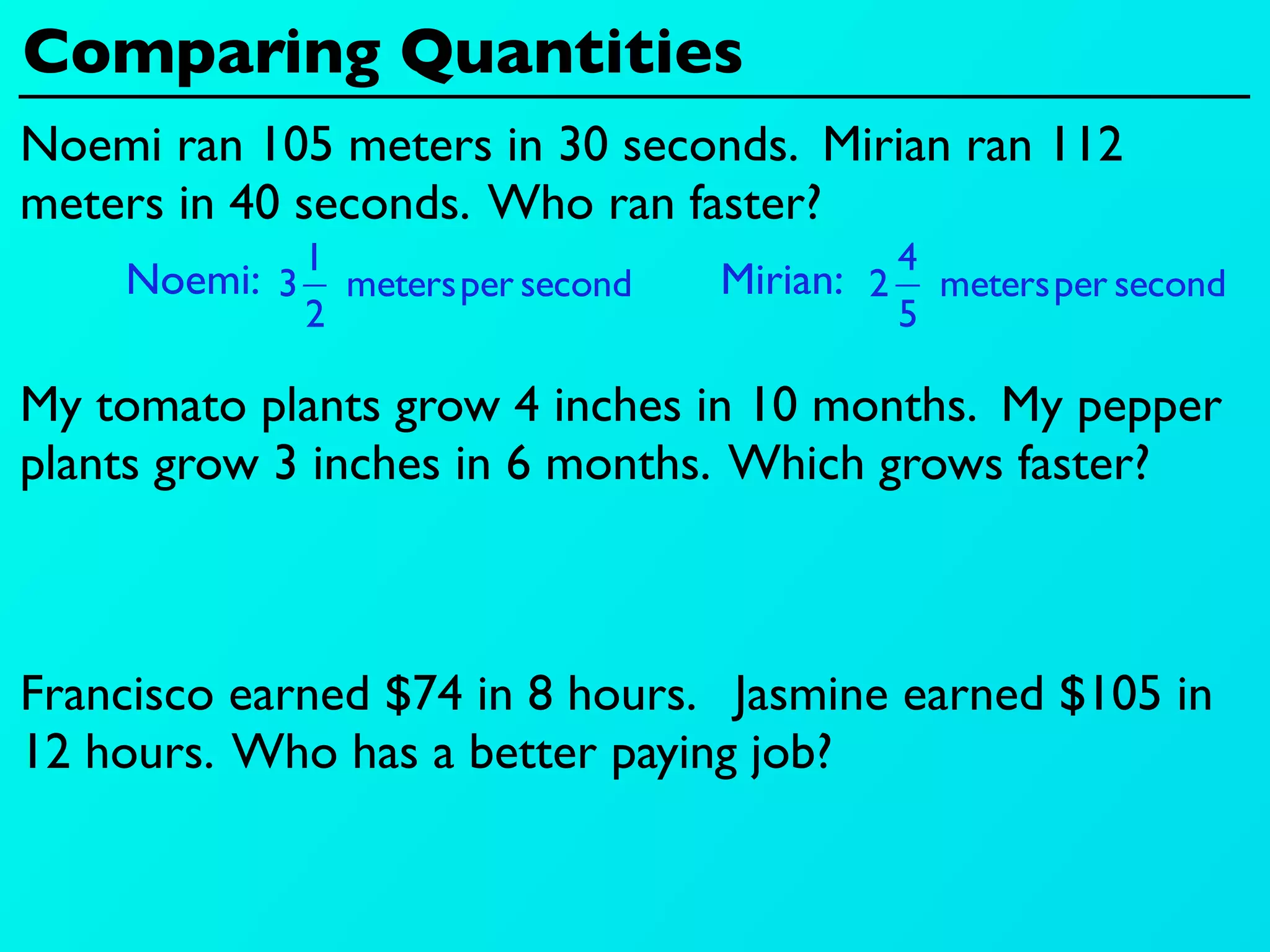 Comparing Quantities
Noemi ran 105 meters in 30 seconds. Mirian ran 112
meters in 40 seconds. Who ran faster?
            1                             4
    Noemi: 3  metersper second   Mirian: 2  metersper second
            2                             5

My tomato plants grow 4 inches in 10 months. My pepper
plants grow 3 inches in 6 months. Which grows faster?



Francisco earned $74 in 8 hours. Jasmine earned $105 in
12 hours. Who has a better paying job?
 