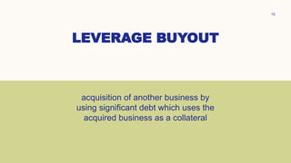 LEVERAGE BUYOUT
15
acquisition of another business by
using significant debt which uses the
acquired business as a collate...