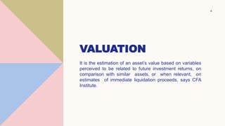 VALUATION
It is the estimation of an asset’s value based on variables
perceived to be related to future investment returns...