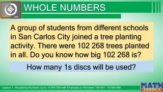 Click to edit Master subtitle style
Lesson 1: Visualizing Numbers Up to 10 000 000 with Emphasis on Numbers 100 001 – 10 000 000
G R A D E 5
A group of students from different schools
in San Carlos City joined a tree planting
activity. There were 102 268 trees planted
in all. Do you know how big 102 268 is?
How many 1s discs will be used?
 