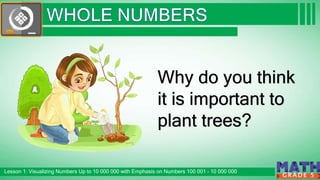 Click to edit Master subtitle style
Lesson 1: Visualizing Numbers Up to 10 000 000 with Emphasis on Numbers 100 001 – 10 000 000
G R A D E 5
Why do you think
it is important to
plant trees?
 