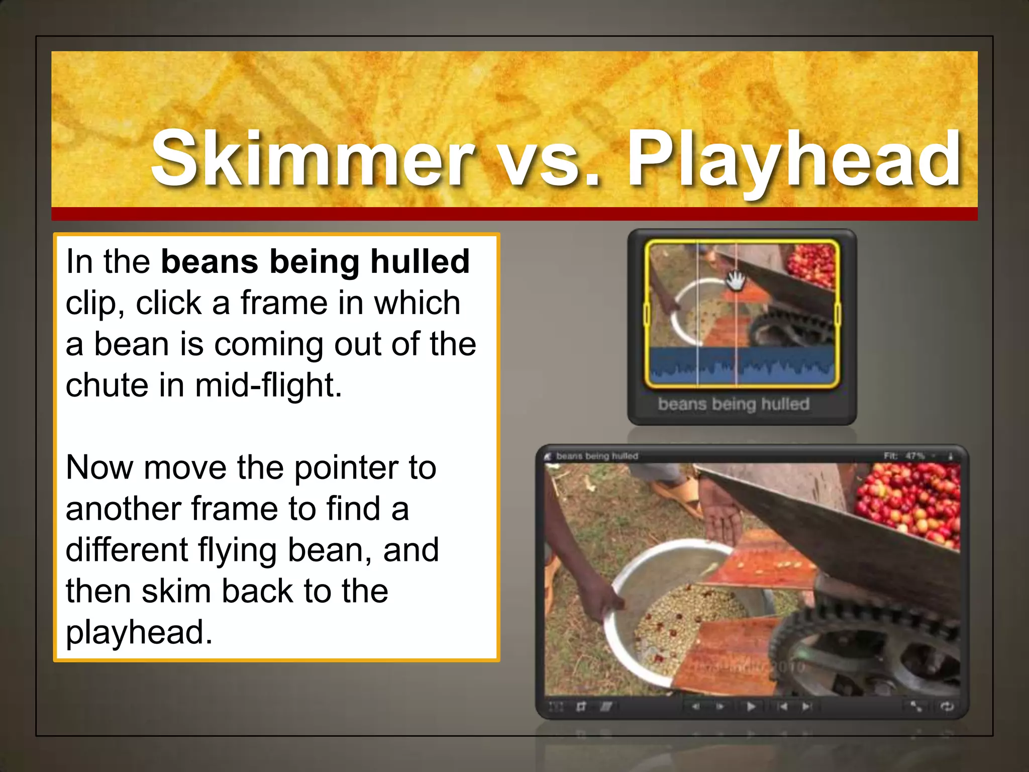 Skimmer vs. Playhead
In the beans being hulled
clip, click a frame in which
a bean is coming out of the
chute in mid-flight.

Now move the pointer to
another frame to find a
different flying bean, and
then skim back to the
playhead.
 