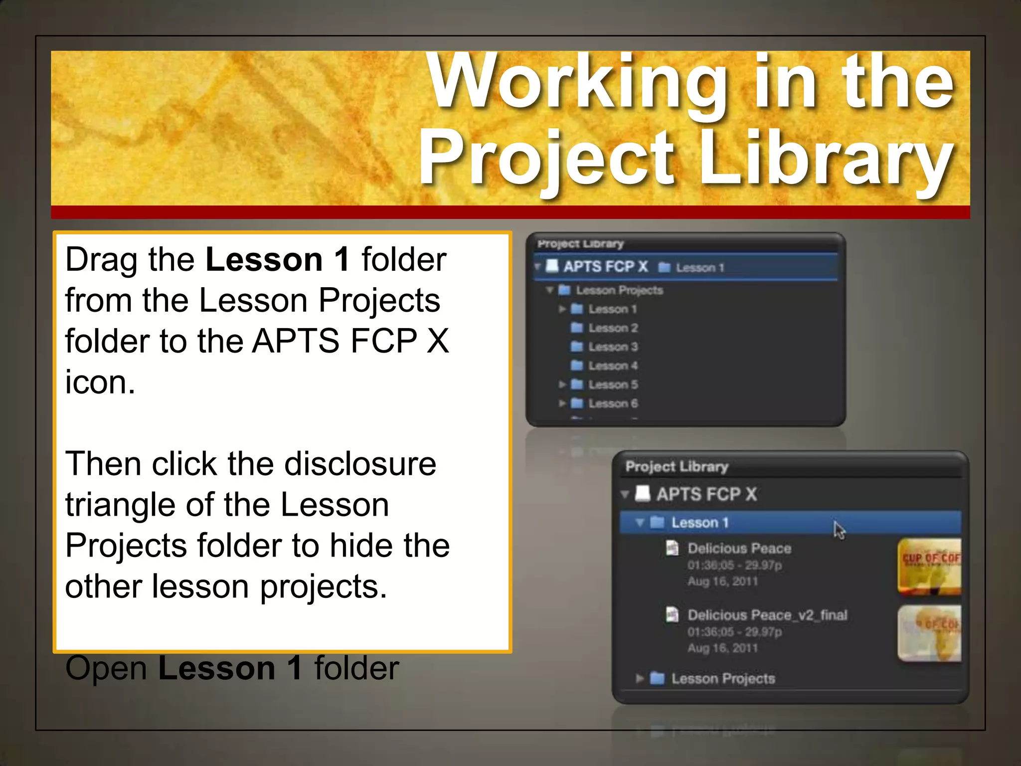 Working in the
                        Project Library
Drag the Lesson 1 folder
from the Lesson Projects
folder to the APTS FCP X
icon.

Then click the disclosure
triangle of the Lesson
Projects folder to hide the
other lesson projects.

Open Lesson 1 folder
 
