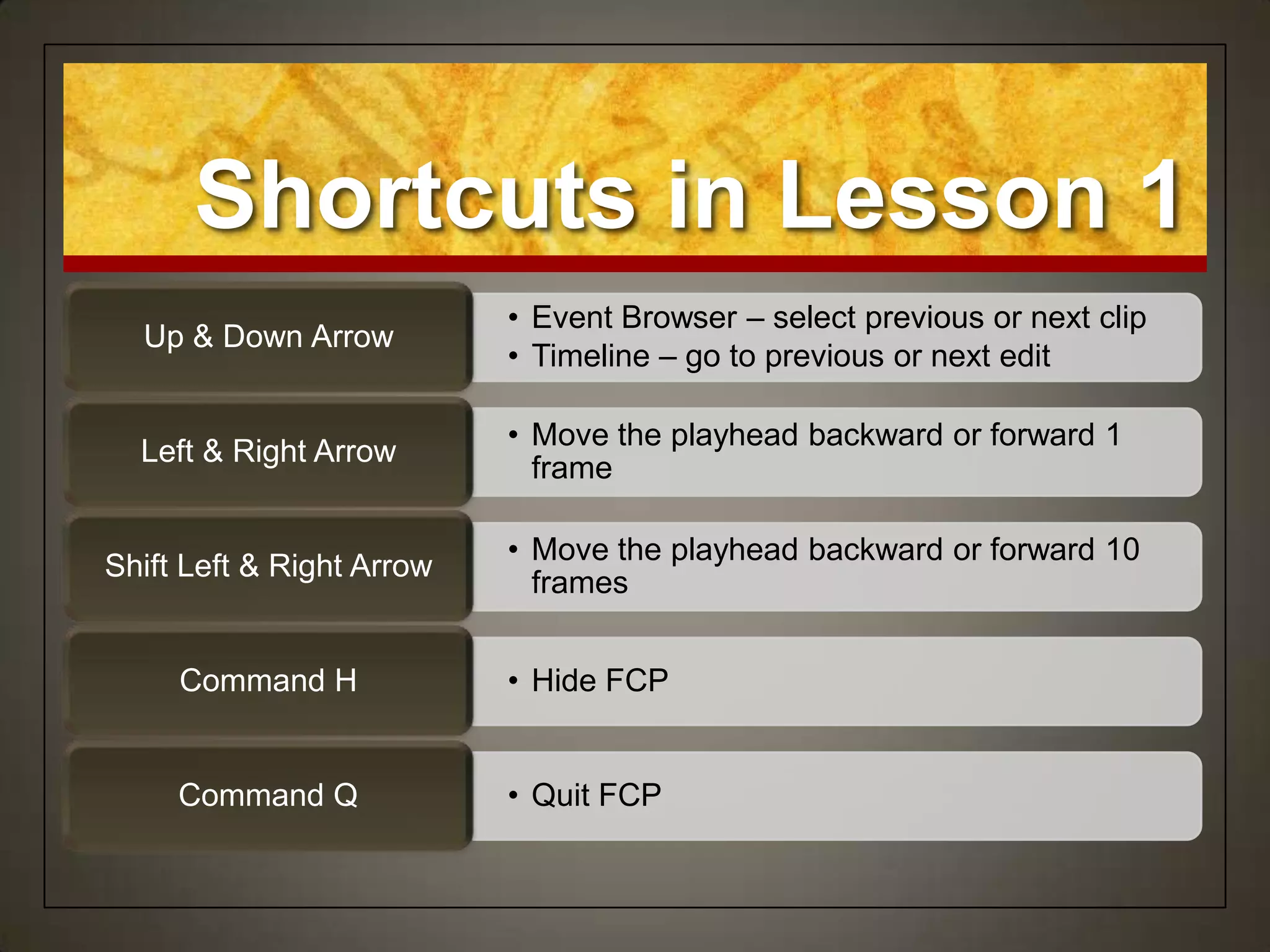 Shortcuts in Lesson 1
                           • Event Browser – select previous or next clip
  Up & Down Arrow
                           • Timeline – go to previous or next edit

                           • Move the playhead backward or forward 1
  Left & Right Arrow
                             frame

                           • Move the playhead backward or forward 10
Shift Left & Right Arrow
                             frames


     Command H             • Hide FCP


     Command Q             • Quit FCP
 