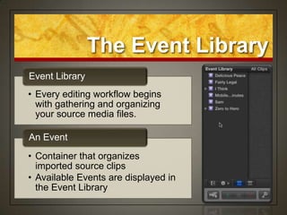 The Event Library
Event Library
• Every editing workflow begins
  with gathering and organizing
  your source media files.

An Event
• Container that organizes
  imported source clips
• Available Events are displayed in
  the Event Library
 