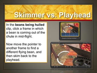 Skimmer vs. Playhead
In the beans being hulled
clip, click a frame in which
a bean is coming out of the
chute in mid-flight.

Now move the pointer to
another frame to find a
different flying bean, and
then skim back to the
playhead.
 