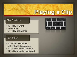Playing a Clip
Play Shortcuts

• L – Play forward
• K – Pause
• J – Play backwards


Fast & Slow

•   LL – Shuttle forward
•   JJ – Shuttle backwards
•   KL – Slow motion forward
•   KJ – Slow motion backward
 