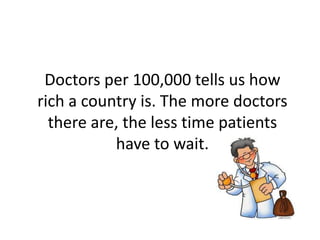Doctors per 100,000 tells us how
rich a country is. The more doctors
  there are, the less time patients
           have to wait.
 