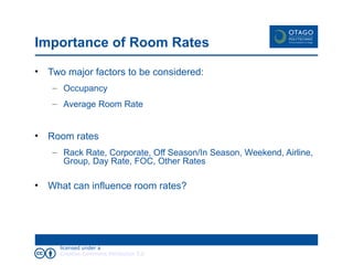 Importance of Room Rates Two major factors to be considered: Occupancy Average Room Rate Room rates Rack Rate, Corporate, Off Season/In Season, Weekend, Airline, Group, Day Rate, FOC, Other Rates What can influence room rates? 