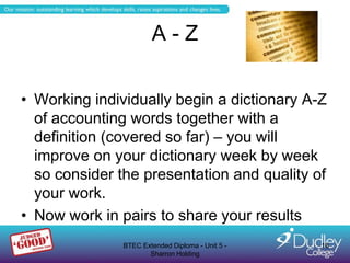 A-Z

• Working individually begin a dictionary A-Z
  of accounting words together with a
  definition (covered so far) – you will
  improve on your dictionary week by week
  so consider the presentation and quality of
  your work.
• Now work in pairs to share your results
               BTEC Extended Diploma - Unit 5 -   16
                      Sharron Holding
 