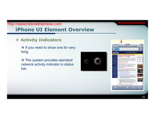 http://www.hirevietnamese.com                 HIREVIETNAMESE

    iPhone UI Element Overview

     Activity Indicators
        If you need to show one for very
       long.

        The system provides standard
       network activity indicator in status
       bar.




                                                          23
 