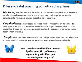 Diferencia del coaching con otras disciplinas
Mentoring: El mentor es una persona con más experiencia que sirve de modelo y
enseña al pupilo con respecto a lo que se tiene que realizar, posee un amplio
conocimiento respecto a un área específica de conocimiento.

Consultoría: El consultor posee los conocimientos necesarios en determinada
área, puede trabajar con todo el sistema (familiar u organizacional) o con un área
específica, trabaja con procesos y procedimientos. En ocasiones el consultor puede
recomendar coaching.

Terapia: El terapeuta es un especialista en trabajar asuntos recurrentes del pasado
y presente de las personas, ayudan a resolver asuntos pendientes en la vida.


                    Cada una de estas disciplinas tiene un
                       objetivo específico y diferente,
                        a pesar de que la línea que
                          las distingue es muy sutil.
  24/06/2012                                                                         3
 