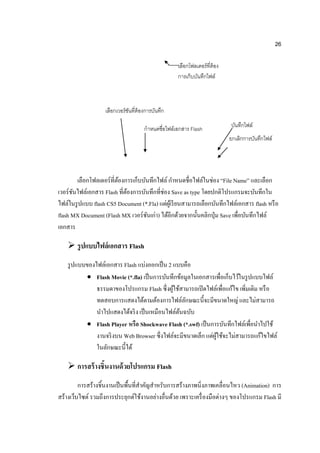 26

                                                     เลือกโฟลเดอร์ ที่ต้อง
                                                     การเก็บบันทึกไฟล์



                    เลือกเวอร์ ชนที่ต้องการบันทึก
                                ั

                                       กาหนดชื่อไฟล์เอกสาร Flash             บันทึกไฟล์
                                                                             ยกเลิกการบันทึกไฟล์




        เลือกโฟลเดอร์ ที่ตองการเก็บบันทึกไฟล์ กาหนดชื่อไฟล์ในช่อง “File Name” และเลือก
                          ้
เวอร์ชนไฟล์เอกสาร Flash ที่ตองการบันทึกที่ช่อง Save as type โดยปกติโปรแกรมจะบันทึกใน
      ั                      ้
ไฟล์ในรู ปแบบ flash CS5 Document (*.Fla) แต่ผเู ้ รี ยนสามารถเลือกบันทึกไฟล์เอกสาร flash หรื อ
flash MX Document (Flash MX เวอร์ ชนเก่า) ได้อีกด้วยจากนั้นคลิกปุ่ ม Save เพื่อบันทึกไฟล์
                                     ั
เอกสาร

     รู ปแบบไฟล์เอกสาร Flash
    รู ปแบบของไฟล์เอกสาร Flash แบ่งออกเป็ น 2 แบบคือ
            Flash Movie (*.fla) เป็ นการบันทึกข้อมูลในเอกสารเพื่อเก็บไว้ในรู ปแบบไฟล์
               ธรรมดาของโปรแกรม Flash ซึ่ งผูใช้สามารถเปิ ดไฟล์เพื่อแก้ไข เพิ่มเติม หรื อ
                                              ้
               ทดสอบการแสดงได้ตามต้องการไฟล์ลกษณะนี้จะมีขนาดใหญ่ และไม่สามารถ
                                                   ั
               นาไปแสดงได้จริ ง เป็ นเหมือนไฟล์ตนฉบับ
                                                ้
            Flash Player หรือ Shockwave Flash (*.swf) เป็ นการบันทึกไฟล์เพื่อนาไปใช้
               งานจริ งบน Web Browser ซึ่งไฟล์จะมีขนาดเล็ก แต่ผใช้จะไม่สามารถแก้ไขไฟล์
                                                               ู้
               ในลักษณะนี้ได้

     การสร้ างชิ้นงานด้ วยโปรแกรม Flash
         การสร้างชิ้นงานเป็ นพื้นที่สาคัญสาหรับการสร้างภาพนิ่งภาพเคลื่อนไหว (Animation) การ
สร้างเว็บไซต์ รวมถึงการประยุกต์ใช้งานอย่างอื่นด้วย เพราะเครื่ องมือต่างๆ ของโปรแกรม Flash มี
 