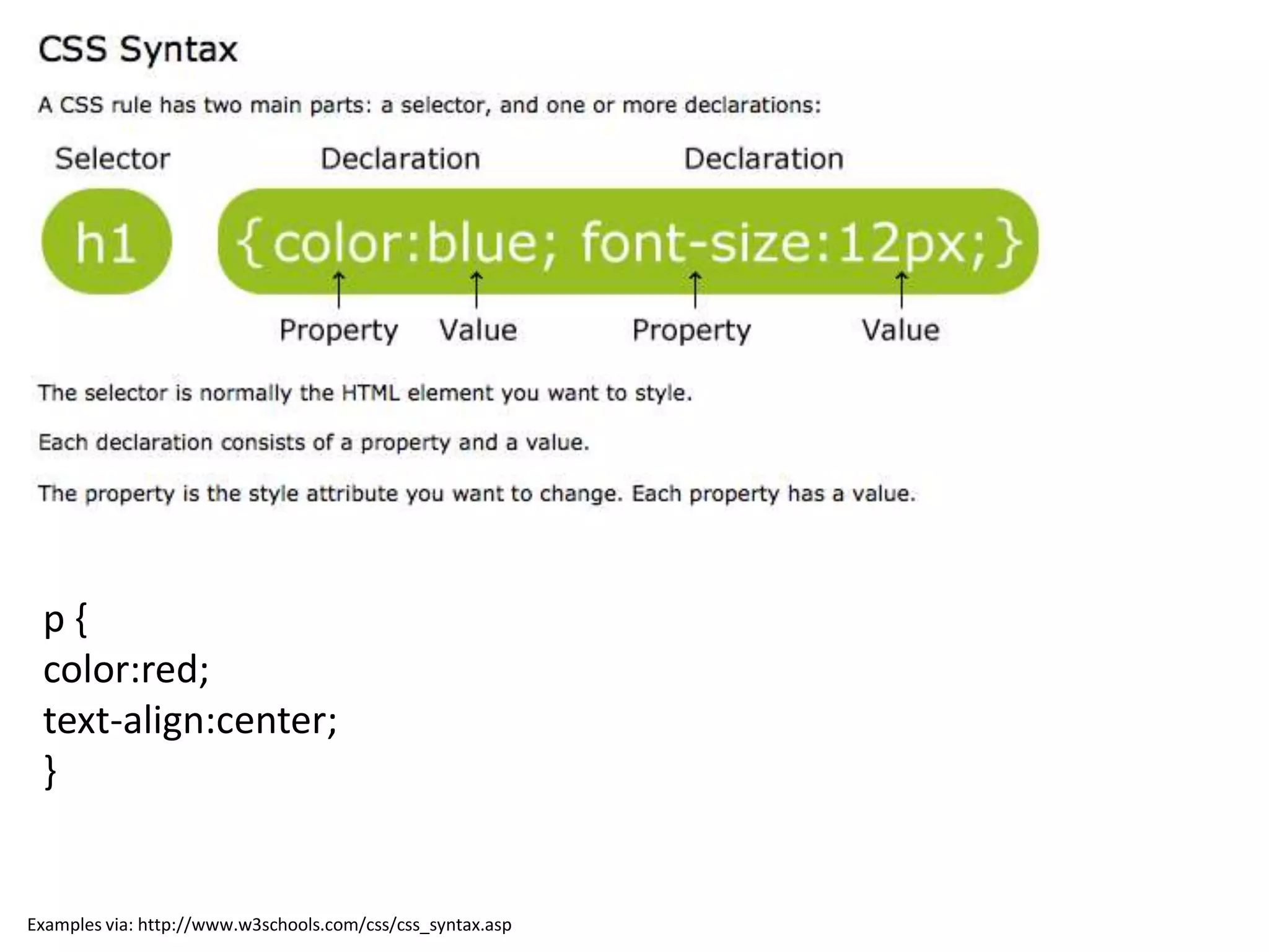 p{
 color:red;
 text-align:center;
 }


Examples via: http://www.w3schools.com/css/css_syntax.asp
 