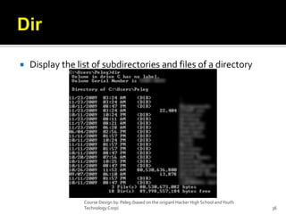 DirDisplay the list of subdirectories and files of a directoryCourse Design by. Peleg (based on the origianl Hacker High School and Youth Technology Corp)36
