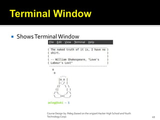 Terminal WindowShows Terminal WindowCourse Design by. Peleg (based on the origianl Hacker High School and Youth Technology Corp)49