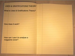 USES & GRATIFICATIONS THEORY
What is Uses & Gratifications Theory?
How does it work?
How can I use it to analyse a
magazine cover?
 