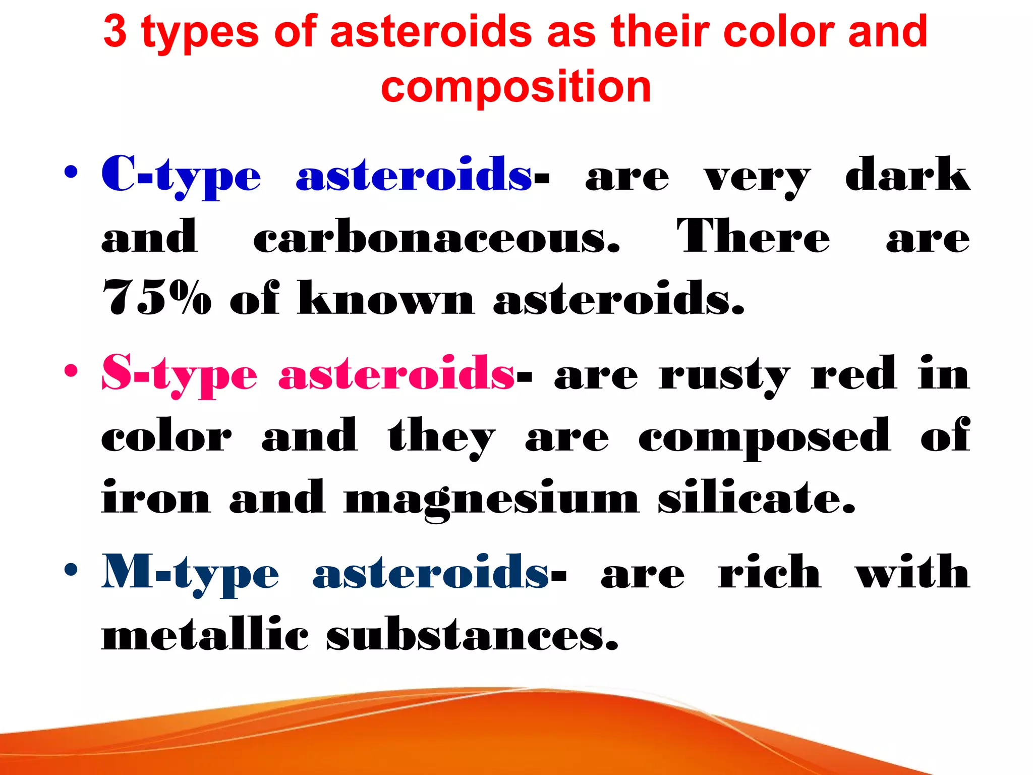 3 types of asteroids as their color and
composition

• C-type asteroids- are very dark
and carbonaceous. There are
75% of known asteroids.
• S-type asteroids- are rusty red in
color and they are composed of
iron and magnesium silicate.
• M-type asteroids- are rich with
metallic substances.

 