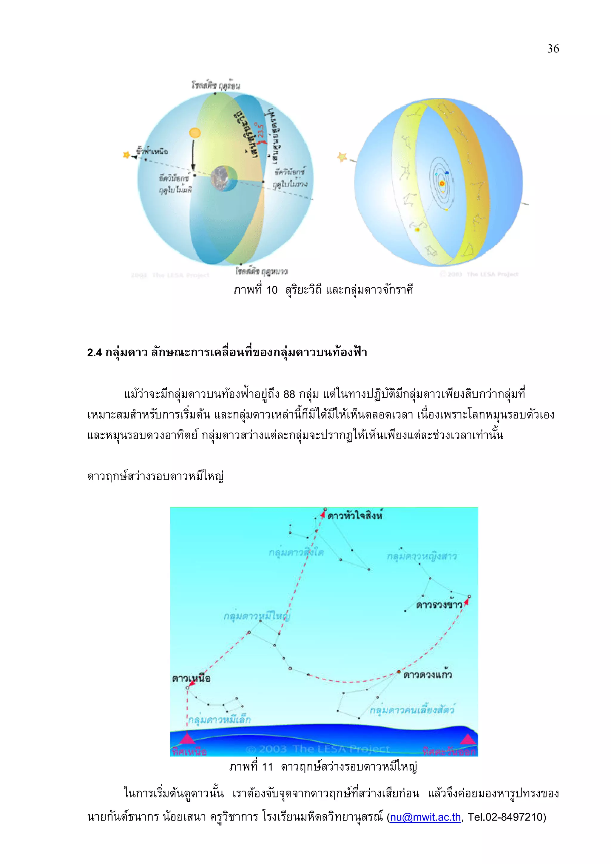 นายกันต์ธนากร น้อยเสนา ครูวิชาการ
2.4 กลุ่มดาว ลักษณะการเคลือนทีของกลุ่มดาวบนท้องฟ้ า
แม้ว่าจะมีกลุ่มดาวบนท้องฟ้าอยู่ถึง
เหมาะสมสําหรับการเริมต้น และกลุ่มดาวเหล่านีก็มิได้มีให้เห็นตลอดเวลา เนืองเพราะโลกหมุนรอบตัวเอง
และหมุนรอบดวงอาทิตย์ กลุ่มดาว
ดาวฤกษ์สว่างรอบดาวหมีใหญ่
ในการเริมต้นดูดาวนัน เราต้องจับจุดจากดาวฤกษ์ทีสว่างเสียก่อน แล้วจึงค่อยมองหารูปทรงของ
ครูวิชาการ โรงเรียนมหิดลวิทยานุสรณ์ (nu@mwit.ac.th
ภาพที 10 สุริยะวิถี และกลุ่มดาวจักราศี
ลักษณะการเคลือนทีของกลุ่มดาวบนท้องฟ้ า
แม้ว่าจะมีกลุ่มดาวบนท้องฟ้าอยู่ถึง 88 กลุ่ม แต่ในทางปฏิบัติมีกลุ่มดาวเพียงสิบกว่ากลุ่มที
เหมาะสมสําหรับการเริมต้น และกลุ่มดาวเหล่านีก็มิได้มีให้เห็นตลอดเวลา เนืองเพราะโลกหมุนรอบตัวเอง
และหมุนรอบดวงอาทิตย์ กลุ่มดาวสว่างแต่ละกลุ่มจะปรากฏให้เห็นเพียงแต่ละช่วงเวลาเท่านัน
ดาวฤกษ์สว่างรอบดาวหมีใหญ่
ภาพที 11 ดาวฤกษ์สว่างรอบดาวหมีใหญ่
ในการเริมต้นดูดาวนัน เราต้องจับจุดจากดาวฤกษ์ทีสว่างเสียก่อน แล้วจึงค่อยมองหารูปทรงของ
36
nu@mwit.ac.th, Tel.02-8497210)
กลุ่ม แต่ในทางปฏิบัติมีกลุ่มดาวเพียงสิบกว่ากลุ่มที
เหมาะสมสําหรับการเริมต้น และกลุ่มดาวเหล่านีก็มิได้มีให้เห็นตลอดเวลา เนืองเพราะโลกหมุนรอบตัวเอง
สว่างแต่ละกลุ่มจะปรากฏให้เห็นเพียงแต่ละช่วงเวลาเท่านัน
ในการเริมต้นดูดาวนัน เราต้องจับจุดจากดาวฤกษ์ทีสว่างเสียก่อน แล้วจึงค่อยมองหารูปทรงของ
 