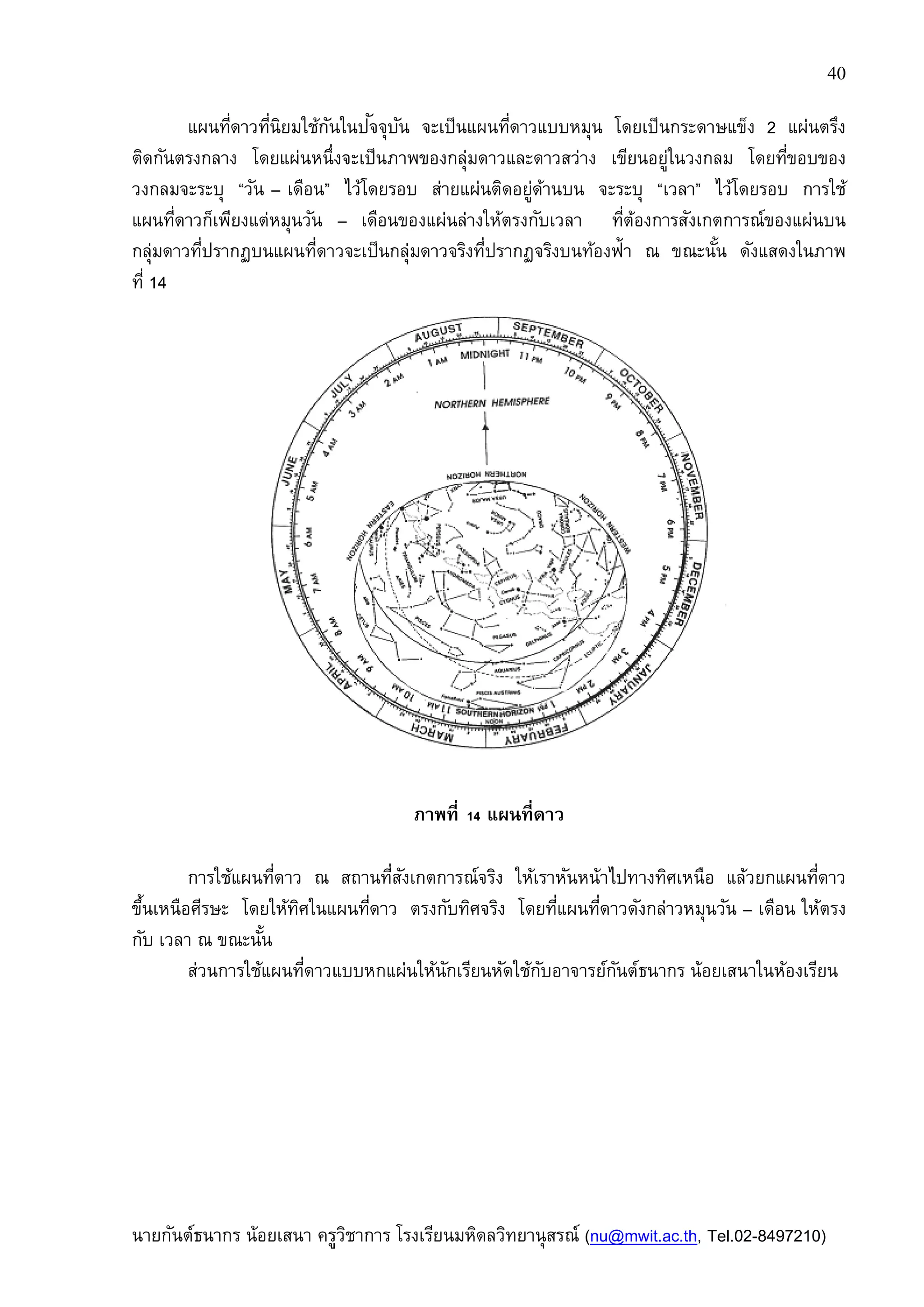 นายกันต์ธนากร น้อยเสนา ครูวิชาการ
แผนทีดาวทีนิยมใช้กันในปัจจุบัน
ติดกันตรงกลาง โดยแผ่นหนึงจะเป็นภาพของกลุ่มดาวและดาวสว่าง
วงกลมจะระบุ “วัน – เดือน”
แผนทีดาวก็เพียงแต่หมุนวัน
กลุ่มดาวทีปรากฏบนแผนทีดาวจะเป็นกลุ่มดาวจริงทีปรากฏจริงบนท้องฟ้า
ที 14
การใช้แผนทีดาว ณ
ขึนเหนือศีรษะ โดยให้ทิศในแผนทีดาว
กับ เวลา ณ ขณะนัน
ส่วนการใช้แผนทีดาวแบบหกแผ่นให้นักเรียนหัดใช้กับอาจารย์กันต์ธนากร น้อยเสนาในห้องเรียน
ครูวิชาการ โรงเรียนมหิดลวิทยานุสรณ์ (nu@mwit.ac.th
แผนทีดาวทีนิยมใช้กันในปัจจุบัน จะเป็นแผนทีดาวแบบหมุน โดยเป็นกระดาษแข็ง
โดยแผ่นหนึงจะเป็นภาพของกลุ่มดาวและดาวสว่าง เขียนอยู่ในวงกลม
” ไว้โดยรอบ ส่ายแผ่นติดอยู่ด้านบน จะระบุ “เวลา
– เดือนของแผ่นล่างให้ตรงกับเวลา ทีต้องการสังเกตการณ์ของแผ่นบน
กลุ่มดาวทีปรากฏบนแผนทีดาวจะเป็นกลุ่มดาวจริงทีปรากฏจริงบนท้องฟ้า ณ
ภาพที 14 แผนทีดาว
สถานทีสังเกตการณ์จริง ให้เราหันหน้าไปทางทิศเหนือ
โดยให้ทิศในแผนทีดาว ตรงกับทิศจริง โดยทีแผนทีดาวดังกล่าวหมุนวัน
ส่วนการใช้แผนทีดาวแบบหกแผ่นให้นักเรียนหัดใช้กับอาจารย์กันต์ธนากร น้อยเสนาในห้องเรียน
40
nu@mwit.ac.th, Tel.02-8497210)
โดยเป็นกระดาษแข็ง 2 แผ่นตรึง
เขียนอยู่ในวงกลม โดยทีขอบของ
เวลา” ไว้โดยรอบ การใช้
ทีต้องการสังเกตการณ์ของแผ่นบน
ขณะนัน ดังแสดงในภาพ
ให้เราหันหน้าไปทางทิศเหนือ แล้วยกแผนทีดาว
โดยทีแผนทีดาวดังกล่าวหมุนวัน – เดือน ให้ตรง
ส่วนการใช้แผนทีดาวแบบหกแผ่นให้นักเรียนหัดใช้กับอาจารย์กันต์ธนากร น้อยเสนาในห้องเรียน
 