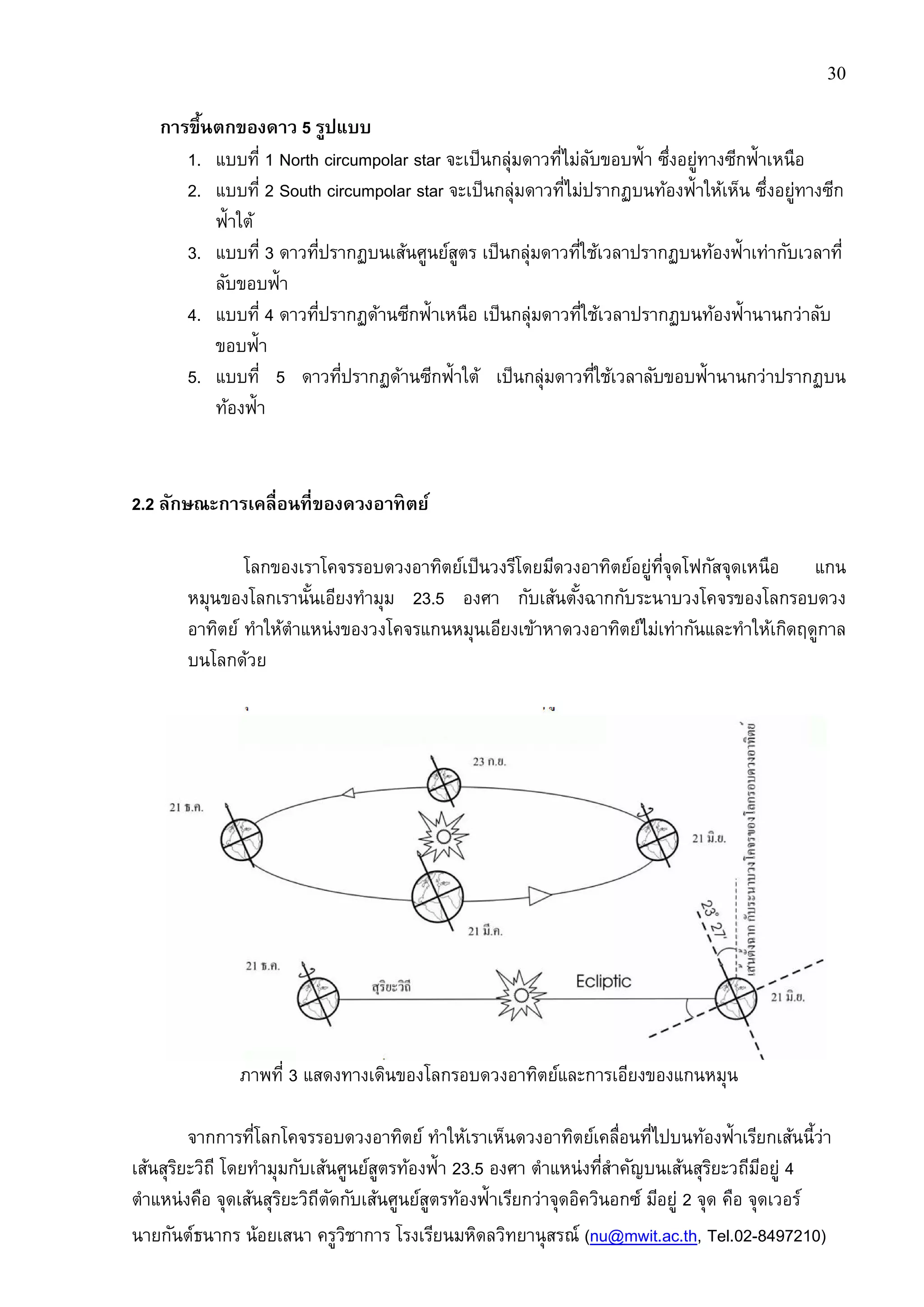 30
นายกันต์ธนากร น้อยเสนา ครูวิชาการ โรงเรียนมหิดลวิทยานุสรณ์ (nu@mwit.ac.th, Tel.02-8497210)
การขึนตกของดาว 5 รูปแบบ
1. แบบที 1 North circumpolar star จะเป็นกลุ่มดาวทีไม่ลับขอบฟ้า ซึงอยู่ทางซีกฟ้าเหนือ
2. แบบที 2 South circumpolar star จะเป็นกลุ่มดาวทีไม่ปรากฏบนท้องฟ้าให้เห็น ซึงอยู่ทางซีก
ฟ้าใต้
3. แบบที 3 ดาวทีปรากฏบนเส้นศูนย์สูตร เป็นกลุ่มดาวทีใช้เวลาปรากฏบนท้องฟ้าเท่ากับเวลาที
ลับขอบฟ้า
4. แบบที 4 ดาวทีปรากฏด้านซีกฟ้าเหนือ เป็นกลุ่มดาวทีใช้เวลาปรากฏบนท้องฟ้านานกว่าลับ
ขอบฟ้า
5. แบบที 5 ดาวทีปรากฏด้านซีกฟ้าใต้ เป็นกลุ่มดาวทีใช้เวลาลับขอบฟ้านานกว่าปรากฏบน
ท้องฟ้า
2.2 ลักษณะการเคลือนทีของดวงอาทิตย์
โลกของเราโคจรรอบดวงอาทิตย์เป็นวงรีโดยมีดวงอาทิตย์อยู่ทีจุดโฟกัสจุดเหนือ แกน
หมุนของโลกเรานันเอียงทํามุม 23.5 องศา กับเส้นตังฉากกับระนาบวงโคจรของโลกรอบดวง
อาทิตย์ ทําให้ตําแหน่งของวงโคจรแกนหมุนเอียงเข้าหาดวงอาทิตย์ไม่เท่ากันและทําให้เกิดฤดูกาล
บนโลกด้วย
ภาพที 3 แสดงทางเดินของโลกรอบดวงอาทิตย์และการเอียงของแกนหมุน
จากการทีโลกโคจรรอบดวงอาทิตย์ ทําให้เราเห็นดวงอาทิตย์เคลือนทีไปบนท้องฟ้าเรียกเส้นนีว่า
เส้นสุริยะวิถี โดยทํามุมกับเส้นศูนย์สูตรท้องฟ้า 23.5 องศา ตําแหน่งทีสําคัญบนเส้นสุริยะวถีมีอยู่ 4
ตําแหน่งคือ จุดเส้นสุริยะวิถีตัดกับเส้นศูนย์สูตรท้องฟ้าเรียกว่าจุดอิควินอกซ์ มีอยู่ 2 จุด คือ จุดเวอร์
 