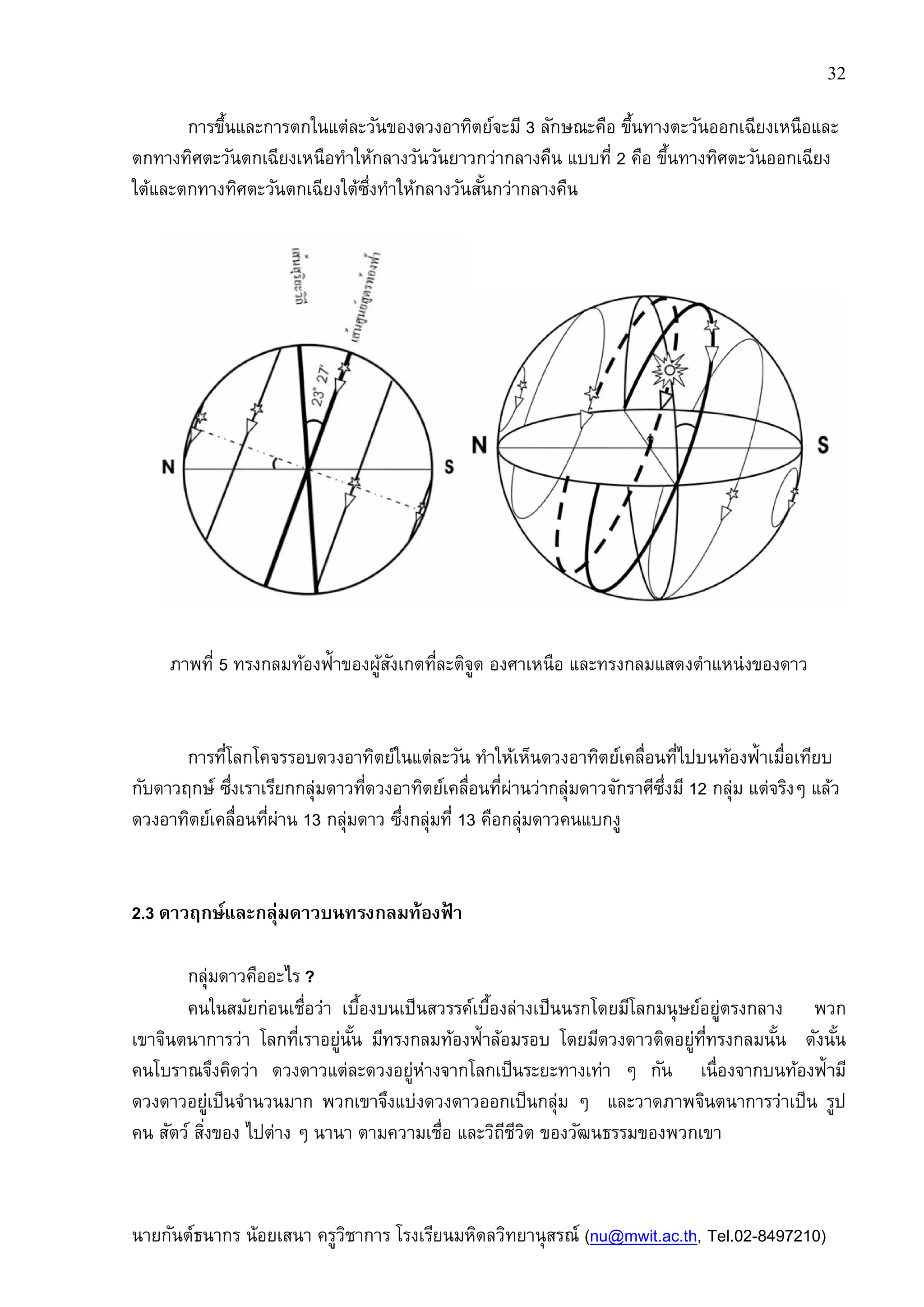 32
นายกันต์ธนากร น้อยเสนา ครูวิชาการ โรงเรียนมหิดลวิทยานุสรณ์ (nu@mwit.ac.th, Tel.02-8497210)
การขึนและการตกในแต่ละวันของดวงอาทิตย์จะมี 3 ลักษณะคือ ขึนทางตะวันออกเฉียงเหนือและ
ตกทางทิศตะวันตกเฉียงเหนือทําให้กลางวันวันยาวกว่ากลางคืน แบบที 2 คือ ขึนทางทิศตะวันออกเฉียง
ใต้และตกทางทิศตะวันตกเฉียงใต้ซึงทําให้กลางวันสันกว่ากลางคืน
ภาพที 5 ทรงกลมท้องฟ้าของผู้สังเกตทีละติจูด องศาเหนือ และทรงกลมแสดงตําแหน่งของดาว
การทีโลกโคจรรอบดวงอาทิตย์ในแต่ละวัน ทําให้เห็นดวงอาทิตย์เคลือนทีไปบนท้องฟ้าเมือเทียบ
กับดาวฤกษ์ ซึงเราเรียกกลุ่มดาวทีดวงอาทิตย์เคลือนทีผ่านว่ากลุ่มดาวจักราศีซึงมี 12 กลุ่ม แต่จริงๆ แล้ว
ดวงอาทิตย์เคลือนทีผ่าน 13 กลุ่มดาว ซึงกลุ่มที 13 คือกลุ่มดาวคนแบกงู
2.3 ดาวฤกษ์และกลุ่มดาวบนทรงกลมท้องฟ้ า
กลุ่มดาวคืออะไร ?
คนในสมัยก่อนเชือว่า เบืองบนเป็นสวรรค์เบืองล่างเป็นนรกโดยมีโลกมนุษย์อยู่ตรงกลาง พวก
เขาจินตนาการว่า โลกทีเราอยู่นัน มีทรงกลมท้องฟ้าล้อมรอบ โดยมีดวงดาวติดอยู่ทีทรงกลมนัน ดังนัน
คนโบราณจึงคิดว่า ดวงดาวแต่ละดวงอยู่ห่างจากโลกเป็นระยะทางเท่า ๆ กัน เนืองจากบนท้องฟ้ามี
ดวงดาวอยู่เป็นจํานวนมาก พวกเขาจึงแบ่งดวงดาวออกเป็นกลุ่ม ๆ และวาดภาพจินตนาการว่าเป็น รูป
คน สัตว์ สิงของ ไปต่าง ๆ นานา ตามความเชือ และวิถีชีวิต ของวัฒนธรรมของพวกเขา
 