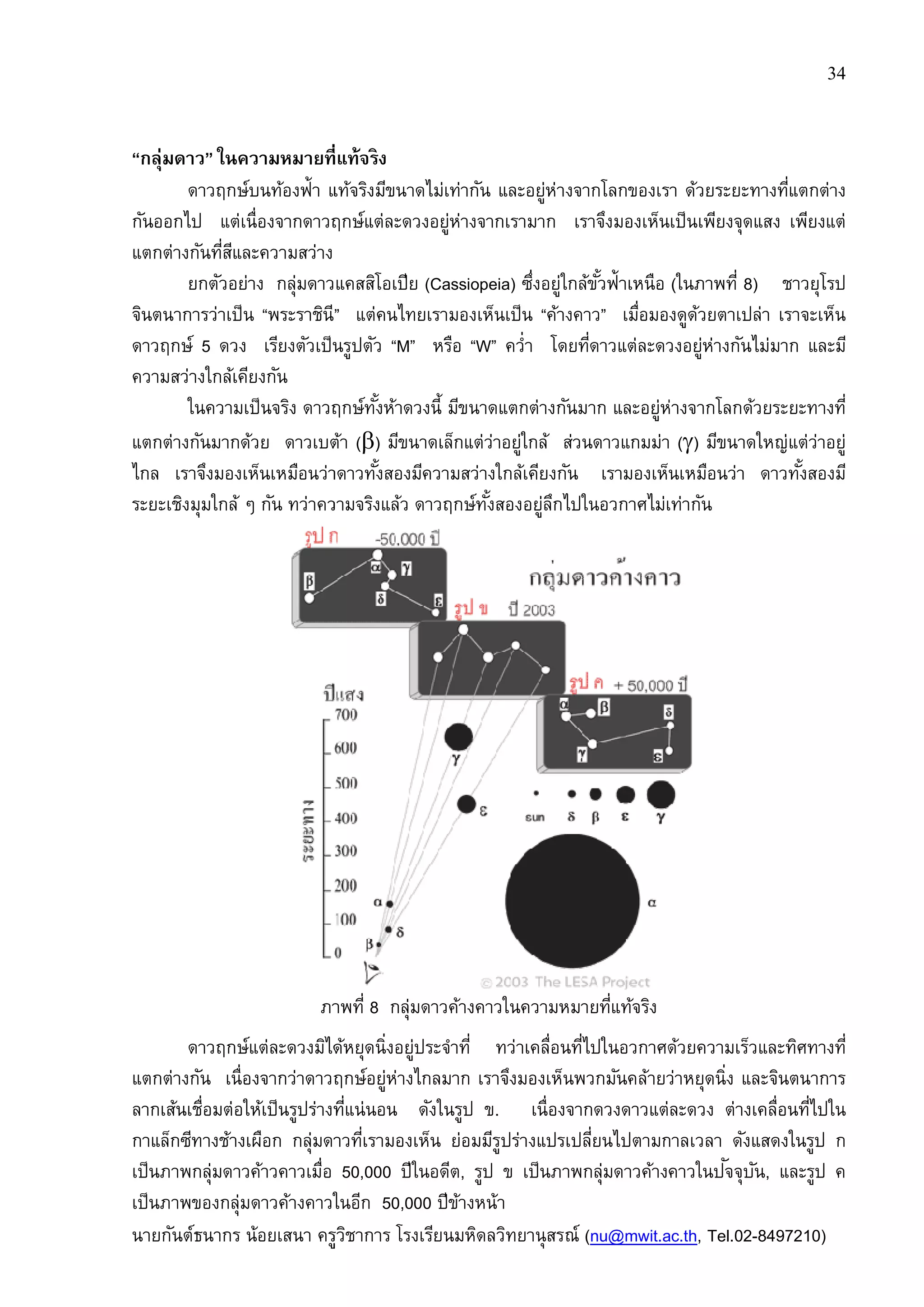 นายกันต์ธนากร น้อยเสนา ครูวิชาการ
“กลุ่มดาว” ในความหมายทีแท้จริง
ดาวฤกษ์บนท้องฟ้า แท้จริงมีขนาดไม่เท่ากัน และอยู่ห่างจากโลกของเรา ด้วยระยะทางทีแตกต่าง
กันออกไป แต่เนืองจากดาวฤกษ์แต่ละดวงอยู่ห่างจากเรามาก เราจึงมองเห็นเป็นเพียงจุดแสง เพียงแต่
แตกต่างกันทีสีและความสว่าง
ยกตัวอย่าง กลุ่มดาวแคสสิโอเปีย
จินตนาการว่าเป็น “พระราชินี”
ดาวฤกษ์ 5 ดวง เรียงตัวเป็นรูปตัว
ความสว่างใกล้เคียงกัน
ในความเป็นจริง ดาวฤกษ์ทังห้าดวงนี มีขนาดแตกต่างกันมาก และอยู่ห่างจากโลกด้วยระยะทางที
แตกต่างกันมากด้วย ดาวเบต้า
ไกล เราจึงมองเห็นเหมือนว่าดาวทังสองมีความสว่างใกล้เคียงกัน เราม
ระยะเชิงมุมใกล้ ๆ กัน ทว่าความจริงแล้ว ดาวฤกษ์ทังสองอยู่ลึกไปในอวกาศไม่เท่ากัน
ภาพที
ดาวฤกษ์แต่ละดวงมิได้หยุดนิงอยู่ประจําที ทว่าเคลือนทีไปในอวกาศด้วยความเร็วและทิศทางที
แตกต่างกัน เนืองจากว่าดาวฤกษ์อยู่ห่างไกลมาก เราจึงมองเห็นพวกมันคล้ายว่าหยุดนิง และจินตนาการ
ลากเส้นเชือมต่อให้เป็นรูปร่างทีแน่นอน ดังในรูป ข
กาแล็กซีทางช้างเผือก กลุ่มดาวทีเรามองเห็น ย่อมมีรูปร่างแปรเปลียนไปตามกาลเว
เป็นภาพกลุ่มดาวค้าวคาวเมือ
เป็นภาพของกลุ่มดาวค้างคาวในอีก
ครูวิชาการ โรงเรียนมหิดลวิทยานุสรณ์ (nu@mwit.ac.th
ในความหมายทีแท้จริง
องฟ้า แท้จริงมีขนาดไม่เท่ากัน และอยู่ห่างจากโลกของเรา ด้วยระยะทางทีแตกต่าง
กันออกไป แต่เนืองจากดาวฤกษ์แต่ละดวงอยู่ห่างจากเรามาก เราจึงมองเห็นเป็นเพียงจุดแสง เพียงแต่
แตกต่างกันทีสีและความสว่าง
ยกตัวอย่าง กลุ่มดาวแคสสิโอเปีย (Cassiopeia) ซึงอยู่ใกล้ขัวฟ้าเหนือ
” แต่คนไทยเรามองเห็นเป็น “ค้างคาว” เมือมองดูด้วยตาเปล่า เราจะเห็น
นรูปตัว “M” หรือ “W” ควํา โดยทีดาวแต่ละดวงอยู่ห่างกันไม่มาก และมี
ในความเป็นจริง ดาวฤกษ์ทังห้าดวงนี มีขนาดแตกต่างกันมาก และอยู่ห่างจากโลกด้วยระยะทางที
แตกต่างกันมากด้วย ดาวเบต้า (β) มีขนาดเล็กแต่ว่าอยู่ใกล้ ส่วนดาวแกมม่า
ไกล เราจึงมองเห็นเหมือนว่าดาวทังสองมีความสว่างใกล้เคียงกัน เรามองเห็นเหมือนว่า ดาวทังสองมี
ระยะเชิงมุมใกล้ ๆ กัน ทว่าความจริงแล้ว ดาวฤกษ์ทังสองอยู่ลึกไปในอวกาศไม่เท่ากัน
ภาพที 8 กลุ่มดาวค้างคาวในความหมายทีแท้จริง
ดาวฤกษ์แต่ละดวงมิได้หยุดนิงอยู่ประจําที ทว่าเคลือนทีไปในอวกาศด้วยความเร็วและทิศทางที
เนืองจากว่าดาวฤกษ์อยู่ห่างไกลมาก เราจึงมองเห็นพวกมันคล้ายว่าหยุดนิง และจินตนาการ
ลากเส้นเชือมต่อให้เป็นรูปร่างทีแน่นอน ดังในรูป ข. เนืองจากดวงดาวแต่ละดวง ต่างเคลือนทีไปใน
กาแล็กซีทางช้างเผือก กลุ่มดาวทีเรามองเห็น ย่อมมีรูปร่างแปรเปลียนไปตามกาลเว
เป็นภาพกลุ่มดาวค้าวคาวเมือ 50,000 ปีในอดีต, รูป ข เป็นภาพกลุ่มดาวค้างคาวในปัจจุบัน
เป็นภาพของกลุ่มดาวค้างคาวในอีก 50,000 ปีข้างหน้า
34
nu@mwit.ac.th, Tel.02-8497210)
องฟ้า แท้จริงมีขนาดไม่เท่ากัน และอยู่ห่างจากโลกของเรา ด้วยระยะทางทีแตกต่าง
กันออกไป แต่เนืองจากดาวฤกษ์แต่ละดวงอยู่ห่างจากเรามาก เราจึงมองเห็นเป็นเพียงจุดแสง เพียงแต่
ซึงอยู่ใกล้ขัวฟ้าเหนือ (ในภาพที 8) ชาวยุโรป
เมือมองดูด้วยตาเปล่า เราจะเห็น
ควํา โดยทีดาวแต่ละดวงอยู่ห่างกันไม่มาก และมี
ในความเป็นจริง ดาวฤกษ์ทังห้าดวงนี มีขนาดแตกต่างกันมาก และอยู่ห่างจากโลกด้วยระยะทางที
มีขนาดเล็กแต่ว่าอยู่ใกล้ ส่วนดาวแกมม่า (γ) มีขนาดใหญ่แต่ว่าอยู่
องเห็นเหมือนว่า ดาวทังสองมี
ระยะเชิงมุมใกล้ ๆ กัน ทว่าความจริงแล้ว ดาวฤกษ์ทังสองอยู่ลึกไปในอวกาศไม่เท่ากัน
ดาวฤกษ์แต่ละดวงมิได้หยุดนิงอยู่ประจําที ทว่าเคลือนทีไปในอวกาศด้วยความเร็วและทิศทางที
เนืองจากว่าดาวฤกษ์อยู่ห่างไกลมาก เราจึงมองเห็นพวกมันคล้ายว่าหยุดนิง และจินตนาการ
เนืองจากดวงดาวแต่ละดวง ต่างเคลือนทีไปใน
กาแล็กซีทางช้างเผือก กลุ่มดาวทีเรามองเห็น ย่อมมีรูปร่างแปรเปลียนไปตามกาลเวลา ดังแสดงในรูป ก
รูป ข เป็นภาพกลุ่มดาวค้างคาวในปัจจุบัน, และรูป ค
 