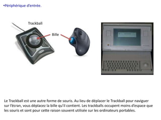 •Périphérique d’entrée. 
Trackball 
Bille 
Le Trackball est une autre forme de souris. Au lieu de déplacer le Trackball pour naviguer 
sur l’écran, vous déplacez la bille qu’il contient. Les trackballs occupent moins d’espace que 
les souris et sont pour cette raison souvent utilisée sur les ordinateurs portables. 
 