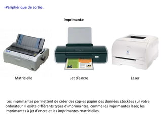 •Périphérique de sortie: 
Imprimante 
Matricielle Jet d’encre Laser 
Les imprimantes permettent de créer des copies papier des données stockées sur votre 
ordinateur. Il existe différents types d’imprimantes, comme les imprimantes laser, les 
imprimantes à jet d’encre et les imprimantes matricielles. 
 