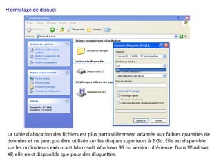 •Formatage de disque: 
La table d’allocation des fichiers est plus particulièrement adaptée aux faibles quantités de 
données et ne peut pas être utilisée sur les disques supérieurs à 2 Go. Elle est disponible 
sur les ordinateurs exécutant Microsoft Windows 95 ou version ultérieure. Dans Windows 
XP, elle n’est disponible que pour des disquettes. 
 