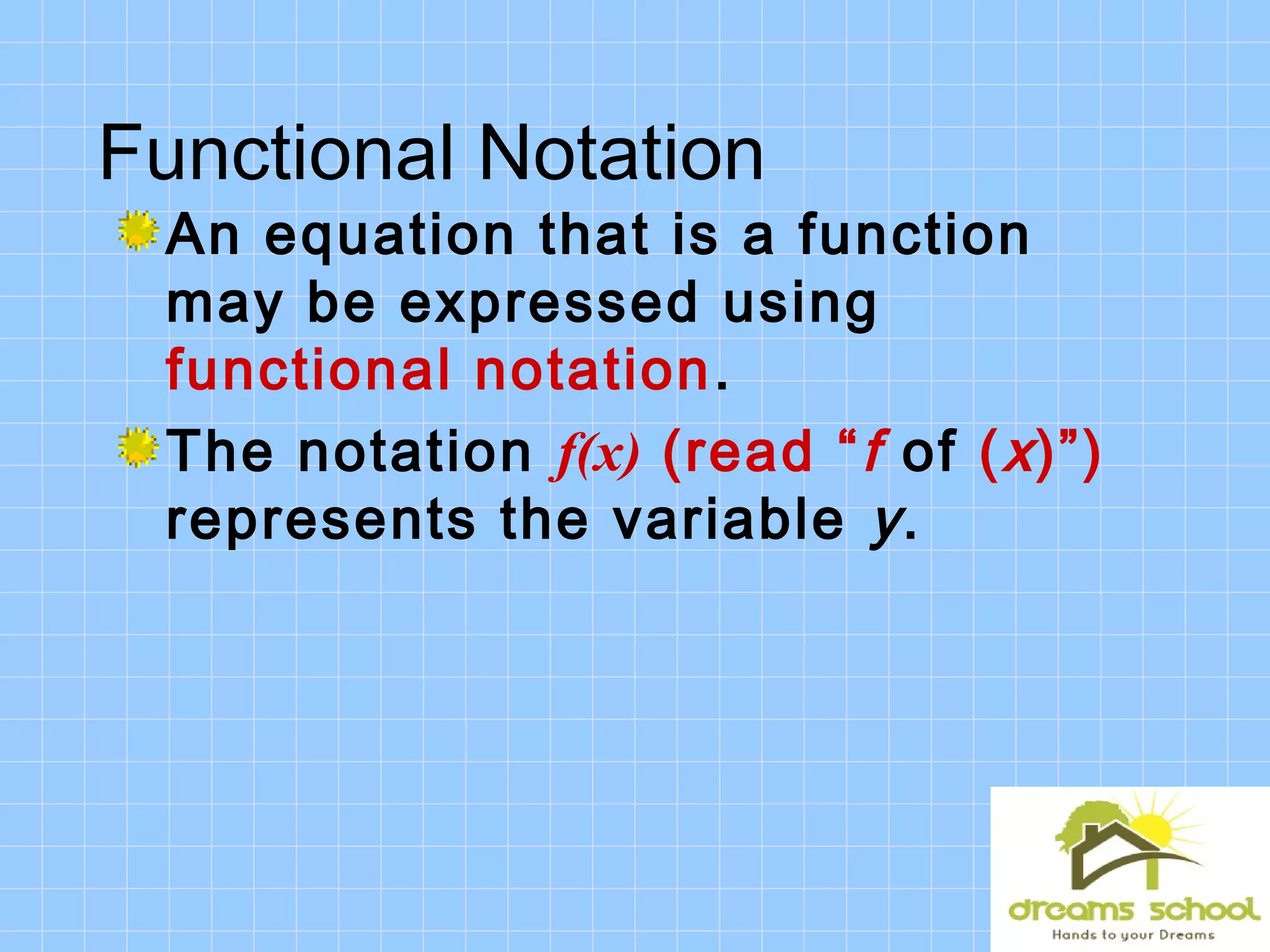 Functional Notation
An equation that is a function
may be expressed using
functional notation.
The notation f(x) (read “f of (x)”)
represents the variable y.
 