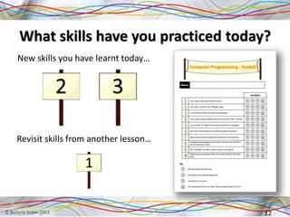What skills have you practiced today?
New skills you have learnt today…
12
Revisit skills from another lesson…
 
