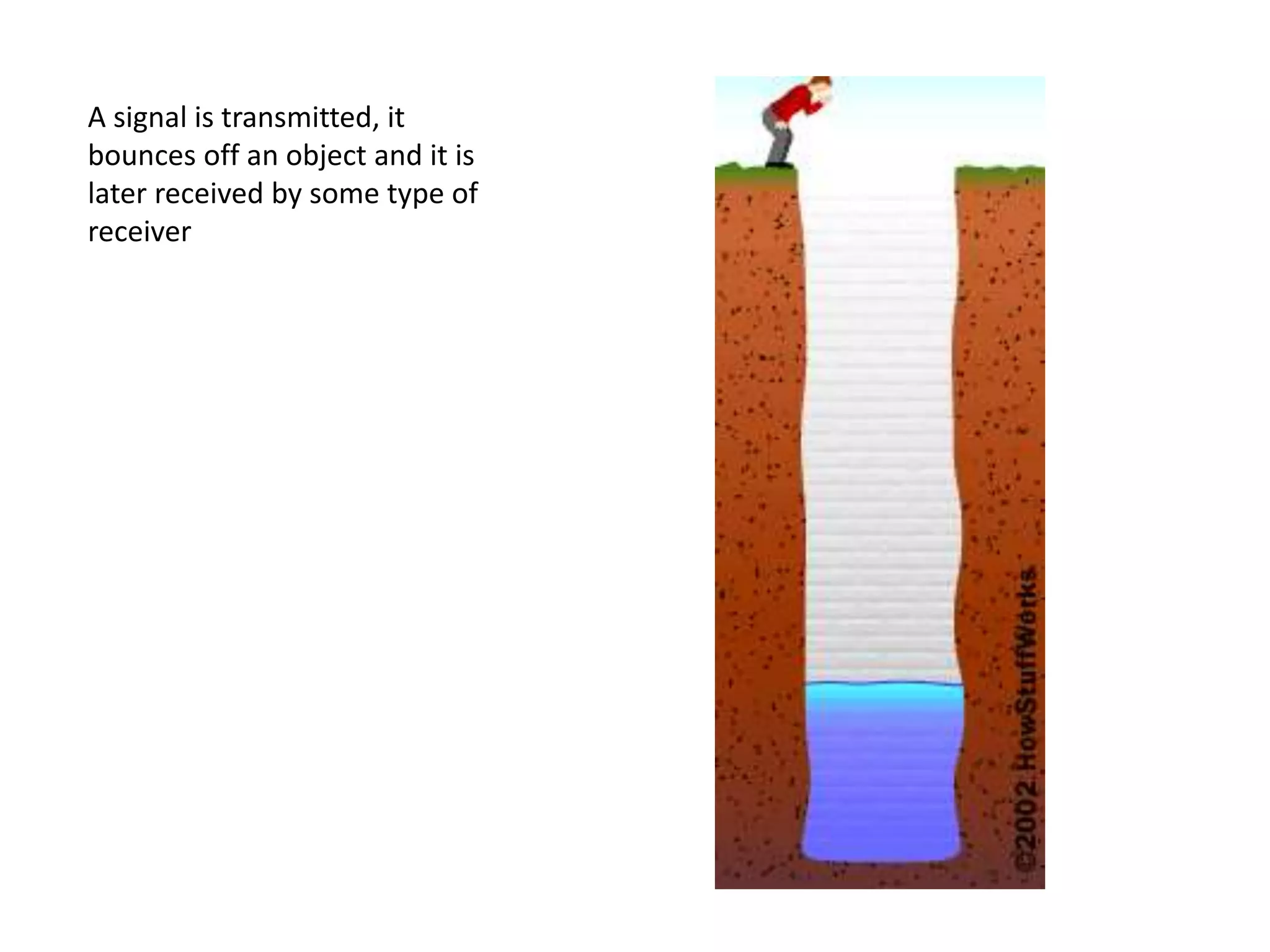 A signal is transmitted, it
bounces off an object and it is
later received by some type of
receiver
 