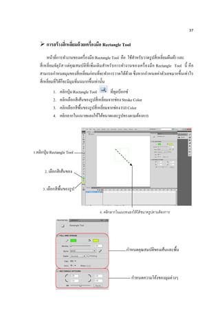 37
 การสร้างสี่เหลี่ยมด้วยเครื่องมือ Rectangle Tool
หน้าที่การทางานของเครื่องมือ Rectangle Tool คือ ใช้สาหรับวาดรูปสี่เหลี่ยมผืนผ้า และ
สี่เหลี่ยมจัตุรัส แต่คุณสมบัติที่เพิ่มเติมสาหรับการทางานของเครื่องมือ Rectangle Tool นี้ คือ
สามารถกาหนดมุมของสี่เหลี่ยมก่อนที่จะทาการวาดได้ด้วย ซึ่งหากกาหนดค่าตัวเลขมากขึ้นเท่าไร
สี่เหลี่ยมที่ได้ก็จะมีมุมที่มนมากขึ้นเท่านั้น
1. คลิกปุ่ม Rectangle Tool ที่ทูลบ็อกซ์
2. คลิกเลือกสีเส้นของรูปสี่เหลี่ยมจากช่อง Stroke Color
3. คลิกเลือกสีพื้นของรูปสี่เหลี่ยมจากช่อง Fill Color
4. คลิกลากในแนวทแยงให้ได้ขนาดและรูปทรงตามต้องการ
1.คลิกปุ่ม Rectangle Tool
2. เลือกสีเส้นของ
รูป
3. เลือกสีพื้นของรูป
4. คลิกลากในแนวทแยงให้ได้ขนาดรูปตามต้องการ
กาหนดคุณสมบัติของเส้นและพื้น
กาหนดความโค้งของมุมต่างๆ
 