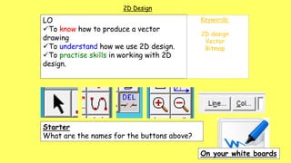 LO
To know how to produce a vector
drawing
To understand how we use 2D design.
To practise skills in working with 2D
design.
Keywords:
2D design
Vector
Bitmap
2D Design
Starter
What are the names for the buttons above?
On your white boards
 