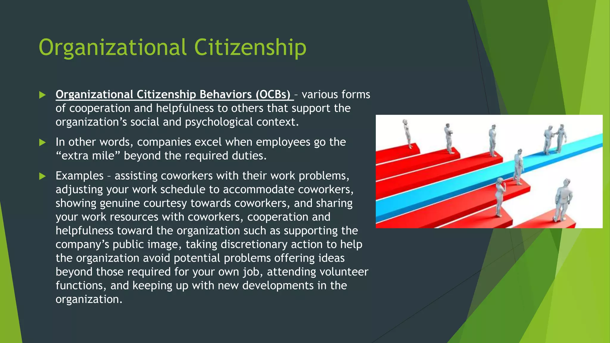 Organizational Citizenship
 Organizational Citizenship Behaviors (OCBs) – various forms
of cooperation and helpfulness to others that support the
organization’s social and psychological context.
 In other words, companies excel when employees go the
“extra mile” beyond the required duties.
 Examples – assisting coworkers with their work problems,
adjusting your work schedule to accommodate coworkers,
showing genuine courtesy towards coworkers, and sharing
your work resources with coworkers, cooperation and
helpfulness toward the organization such as supporting the
company’s public image, taking discretionary action to help
the organization avoid potential problems offering ideas
beyond those required for your own job, attending volunteer
functions, and keeping up with new developments in the
organization.
 