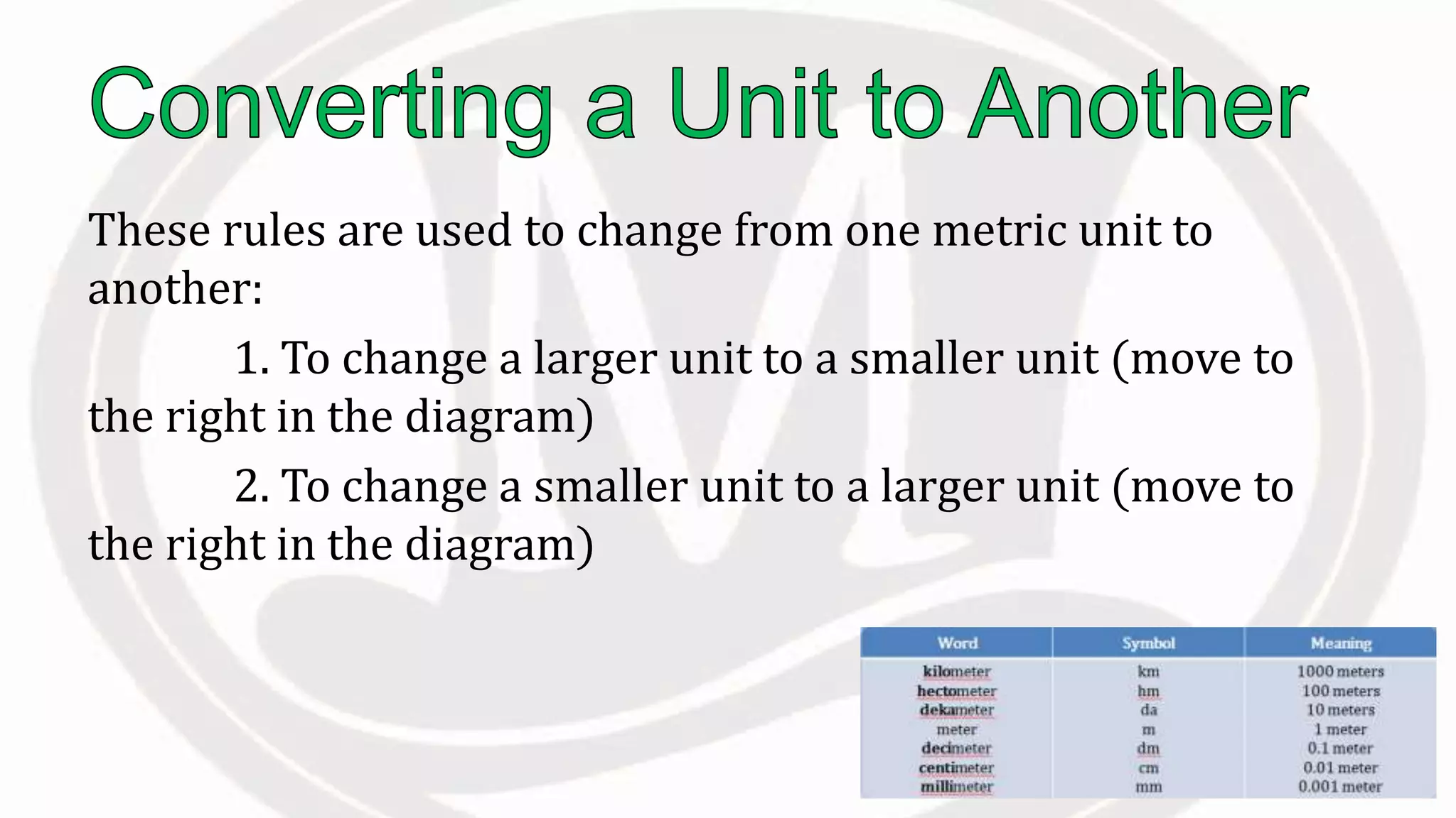 These rules are used to change from one metric unit to
another:
1. To change a larger unit to a smaller unit (move to
the right in the diagram)
2. To change a smaller unit to a larger unit (move to
the right in the diagram)
 